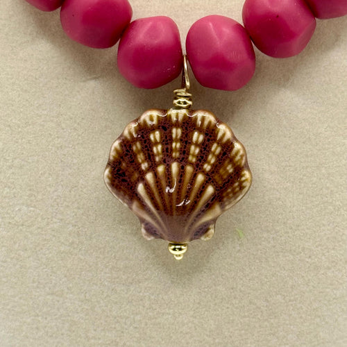 Dusty Rose Resin 12mm Nuggets necklace with Porcelain Shell & Starfish Pendants - 18.0 inches long