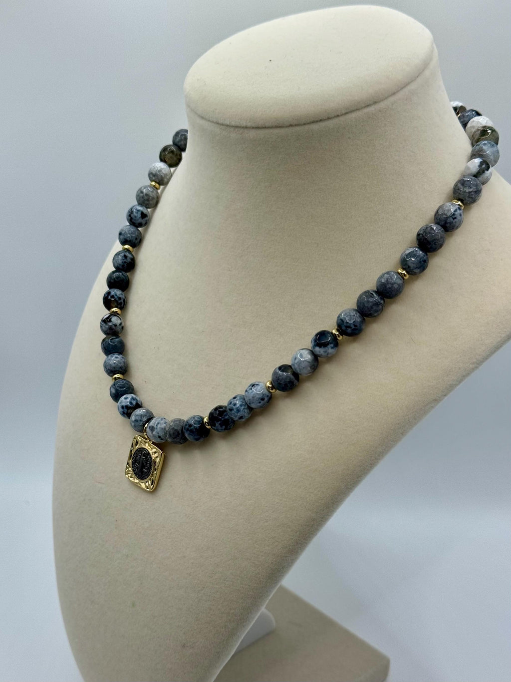 San Benito Charm in an 8mm Jade Beaded Necklace - 16.0 inches long