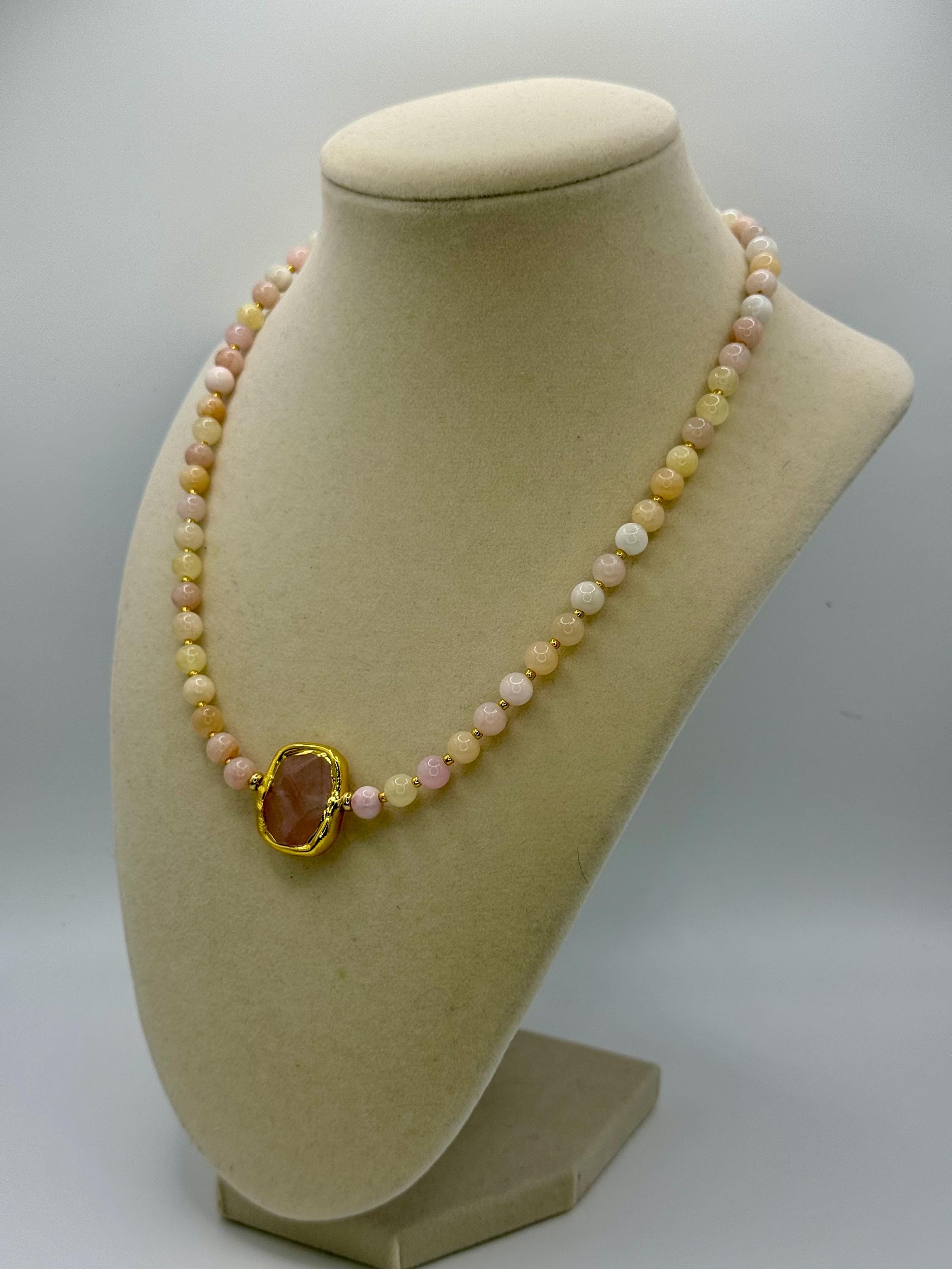 Soft Pink 6mm Jade Beaded Necklace with Amethyst pendant - 18 inches long