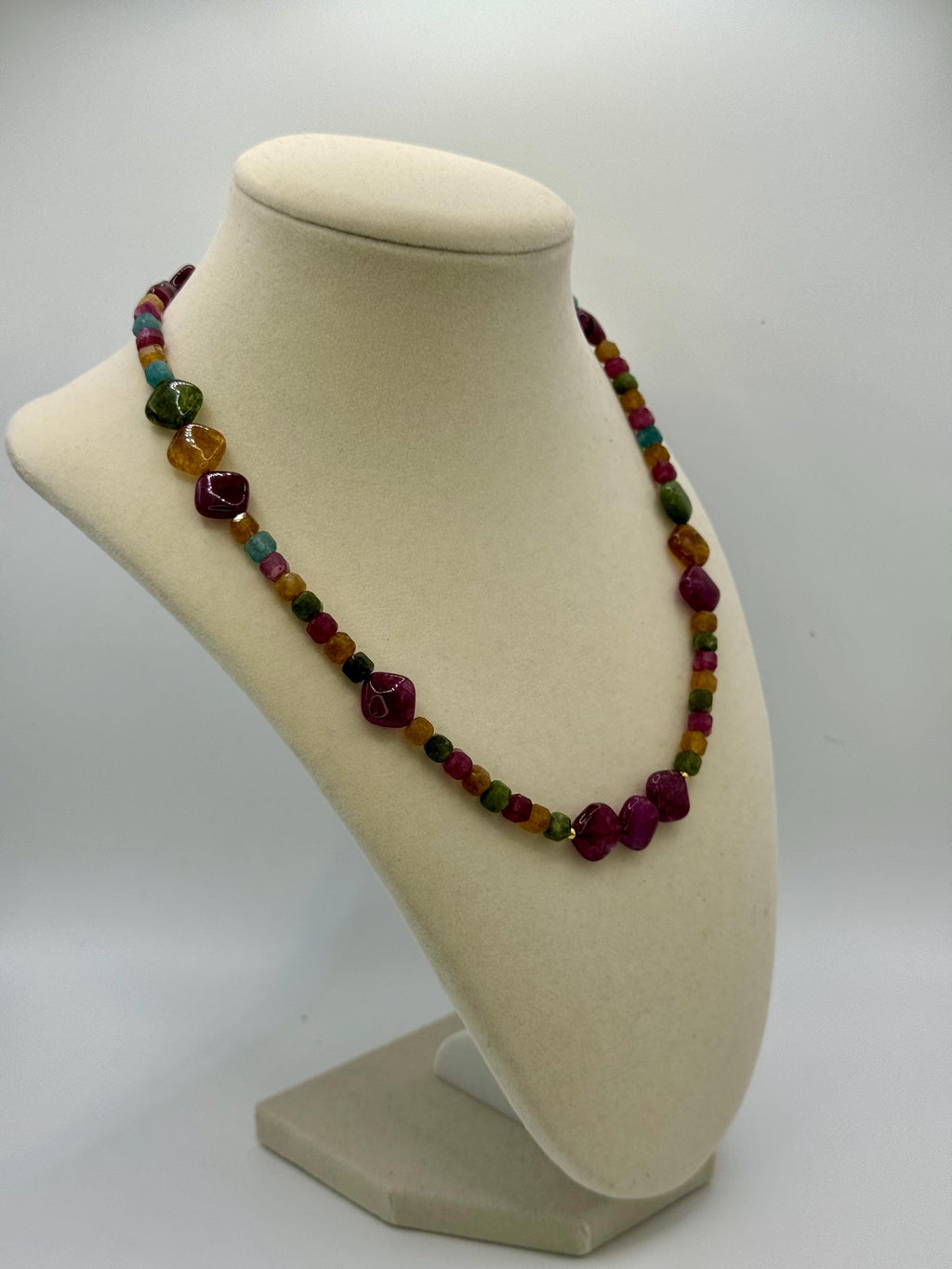 Agate & Tourmaline Stone Necklace: Multicolor Diamond Bead, 18 Inches long