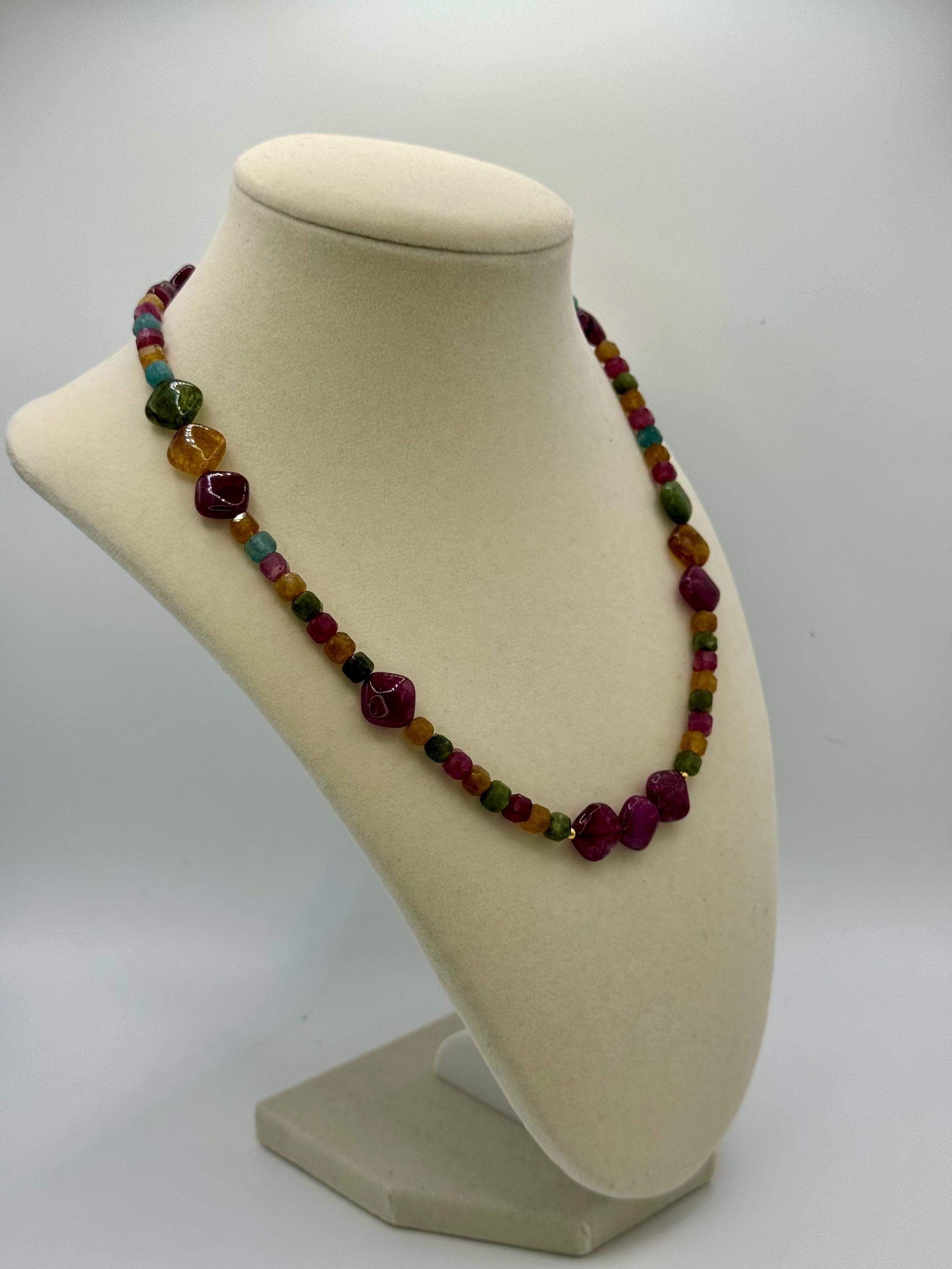 Agate & Tourmaline Stone Necklace: Multicolor Diamond Bead, 18 Inches long