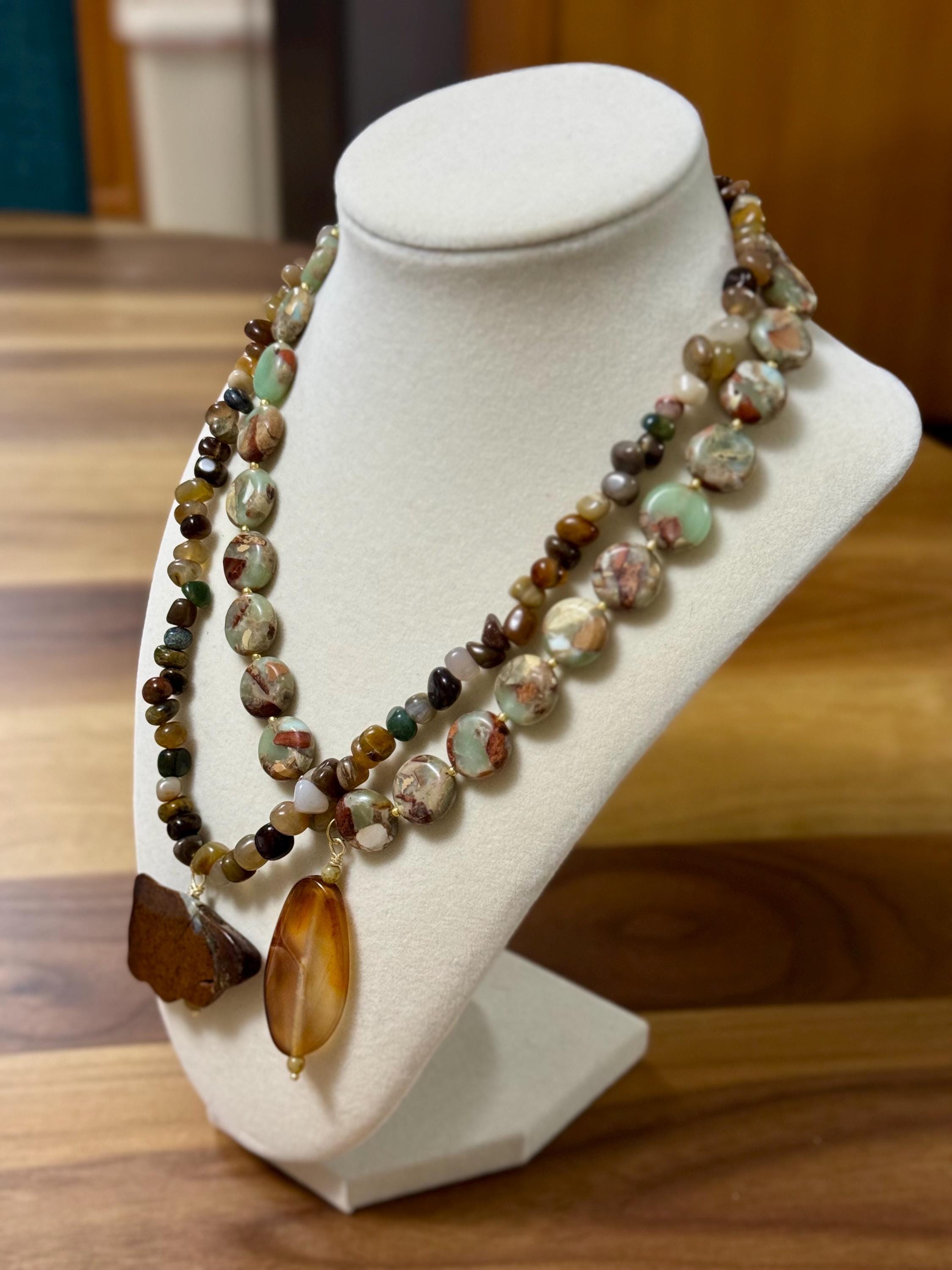 Handmade Jasper Beaded Necklace: Earthy Tones Agate Pendant. See description for details.
