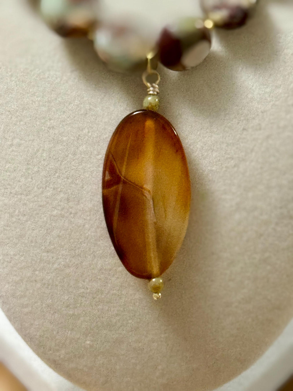 Handmade Jasper Beaded Necklace: Earthy Tones Agate Pendant. See description for details.
