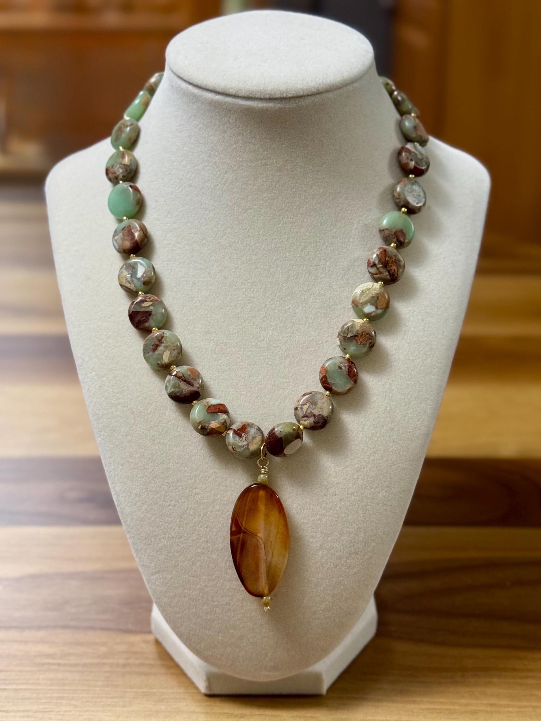 Handmade Jasper Beaded Necklace: Earthy Tones Agate Pendant. See description for details.