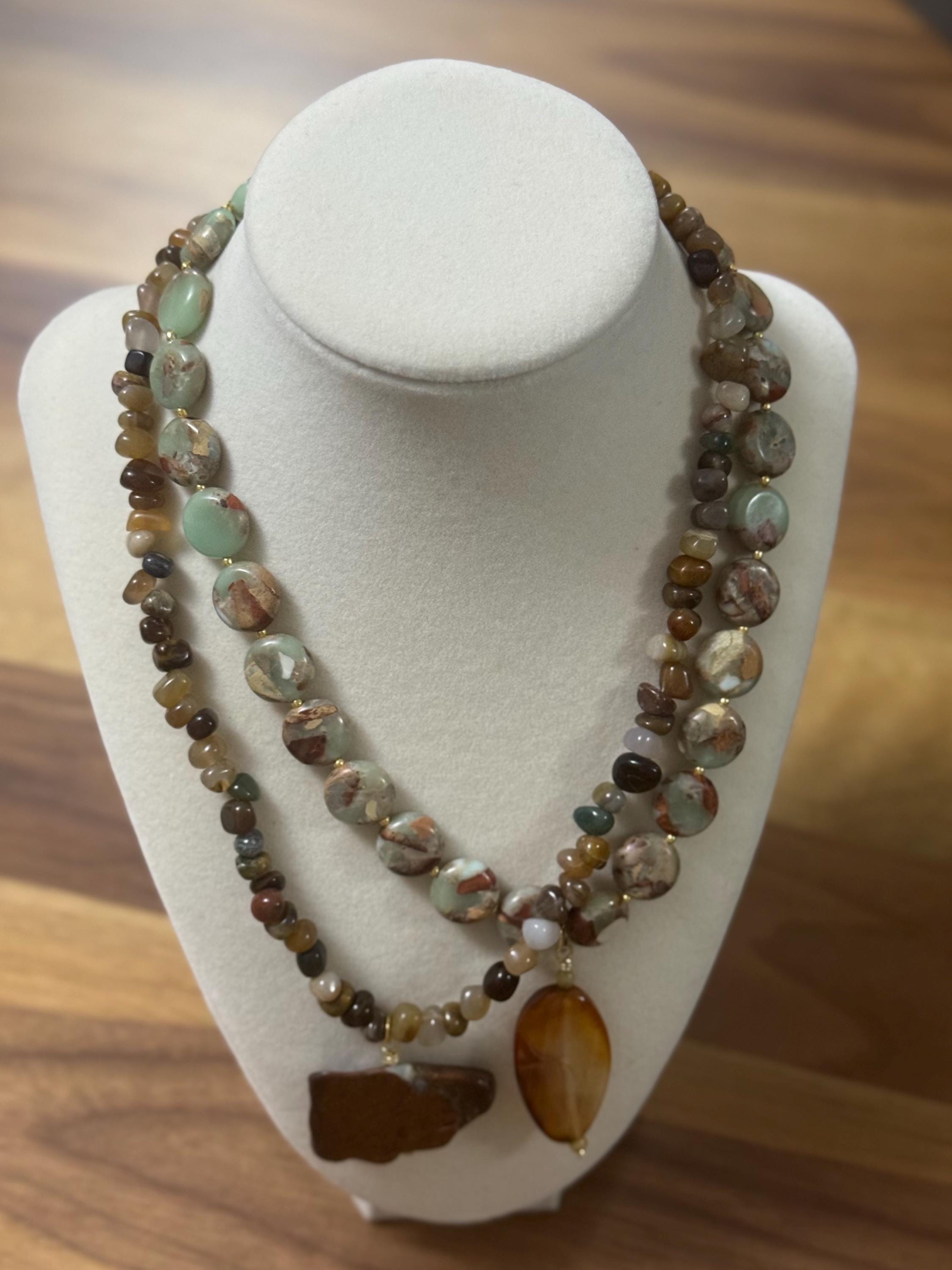 Handmade Jasper Beaded Necklace: Earthy Tones Agate Pendant. See description for details.