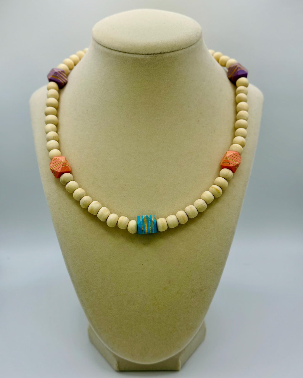 Handmade Beige Wood Bead Necklace: Colorful Accent Beads, Layering Jewelry