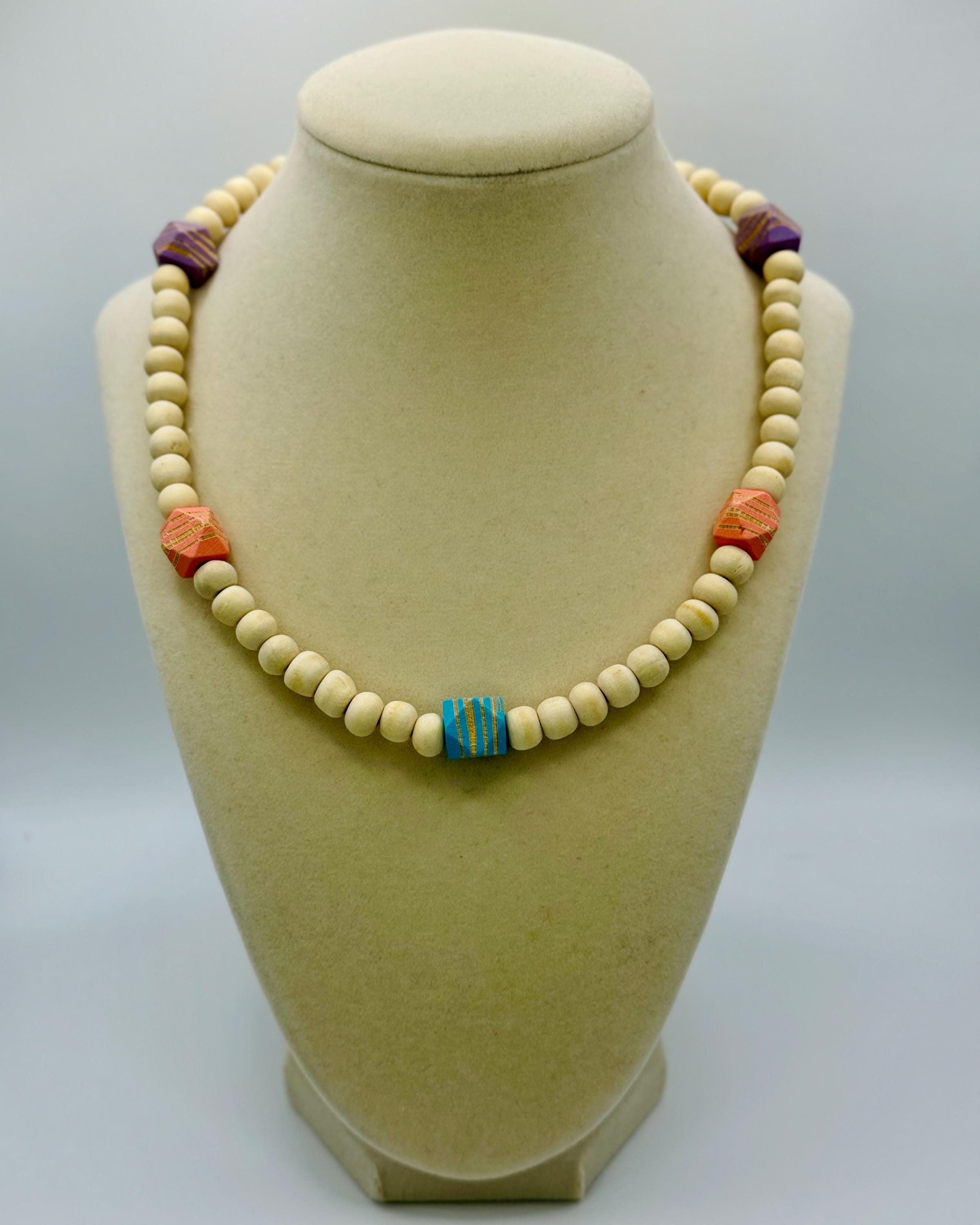 Handmade Beige Wood Bead Necklace: Colorful Accent Beads, Layering Jewelry