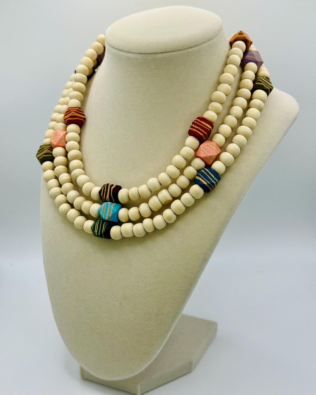 Handmade Beige Wood Bead Necklace: Colorful Accent Beads, Layering Jewelry