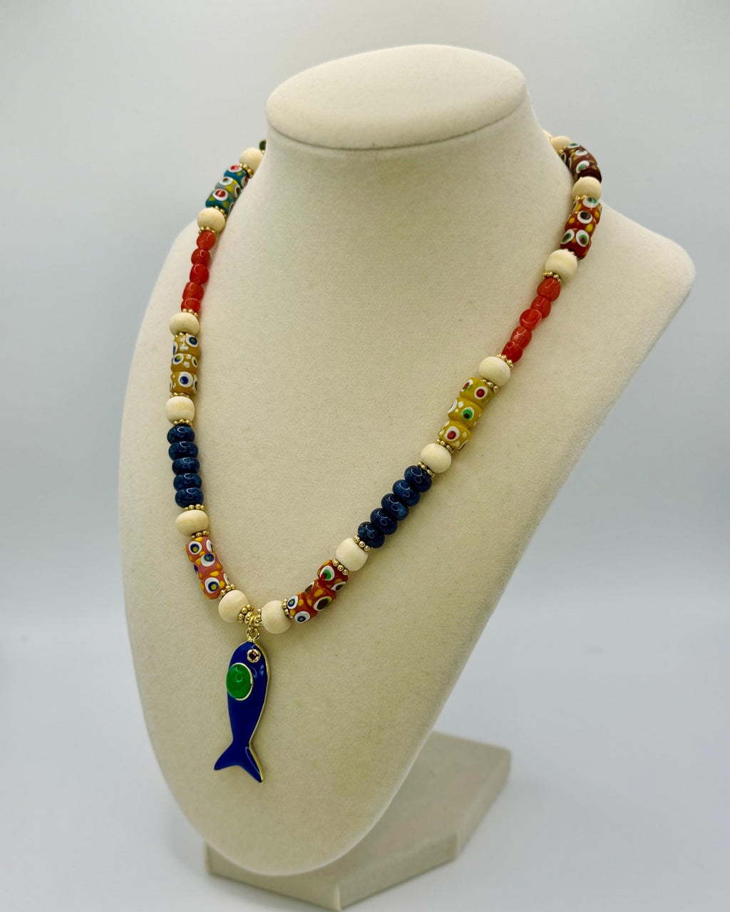 Multi Gemstone Beaded necklace with wood beads accents - 18 inches long