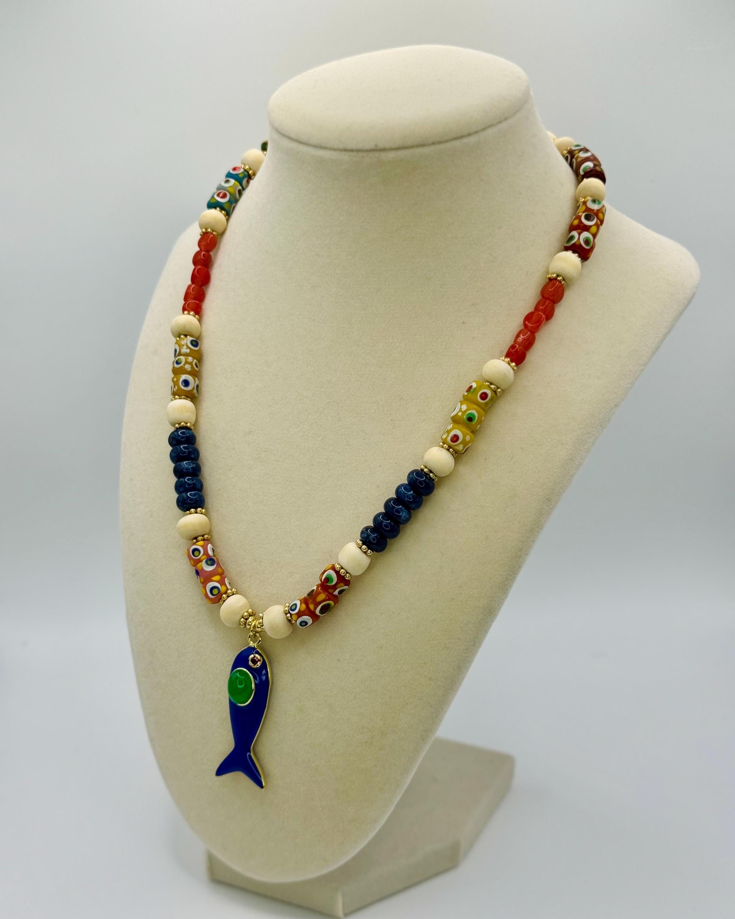 Multi Gemstone Beaded necklace with wood beads accents - 18 inches long