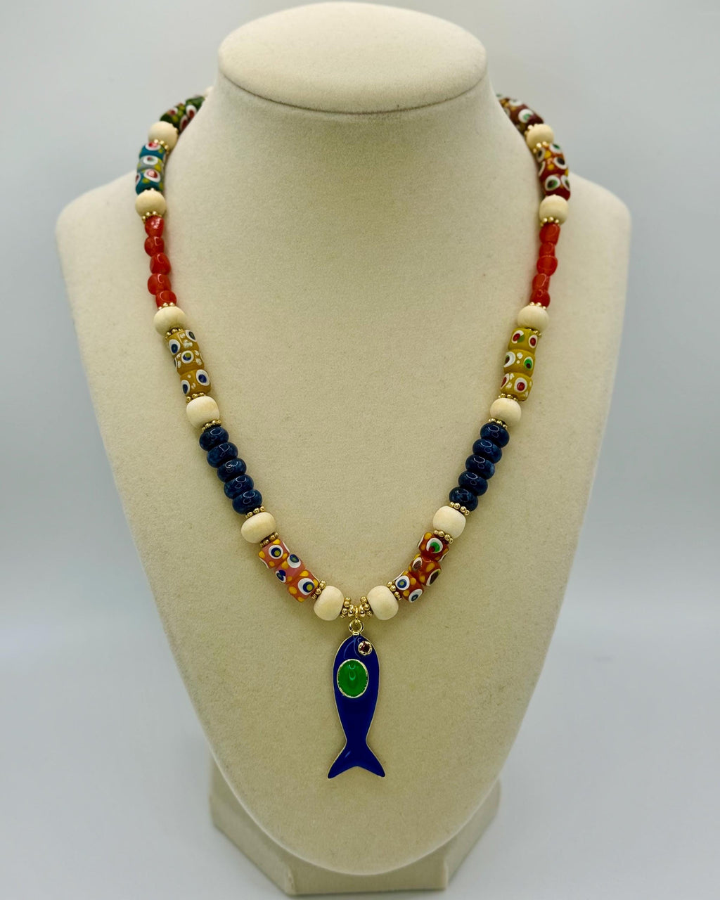 Multi Gemstone Beaded necklace with wood beads accents - 18 inches long