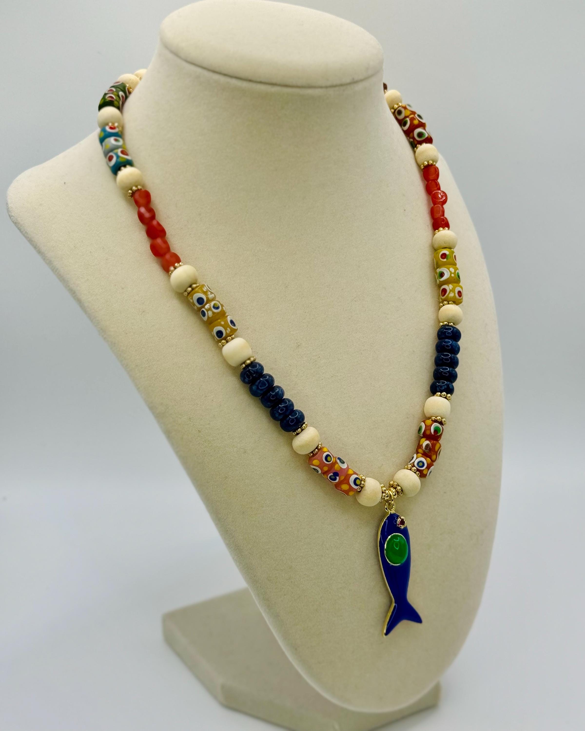 Multi Gemstone Beaded necklace with wood beads accents - 18 inches long