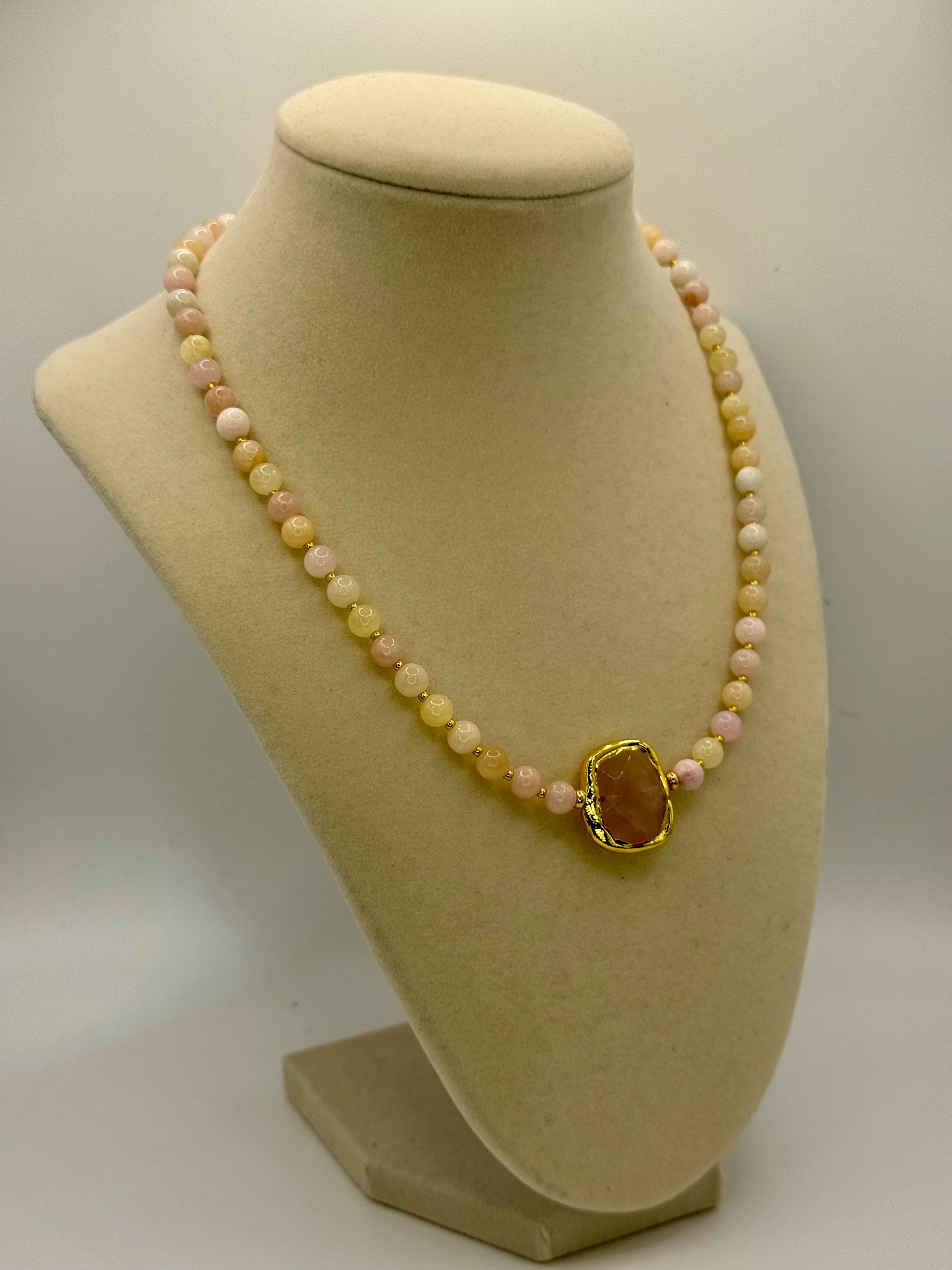 Soft Pink 6mm Jade Beaded Necklace with Amethyst pendant - 18 inches long