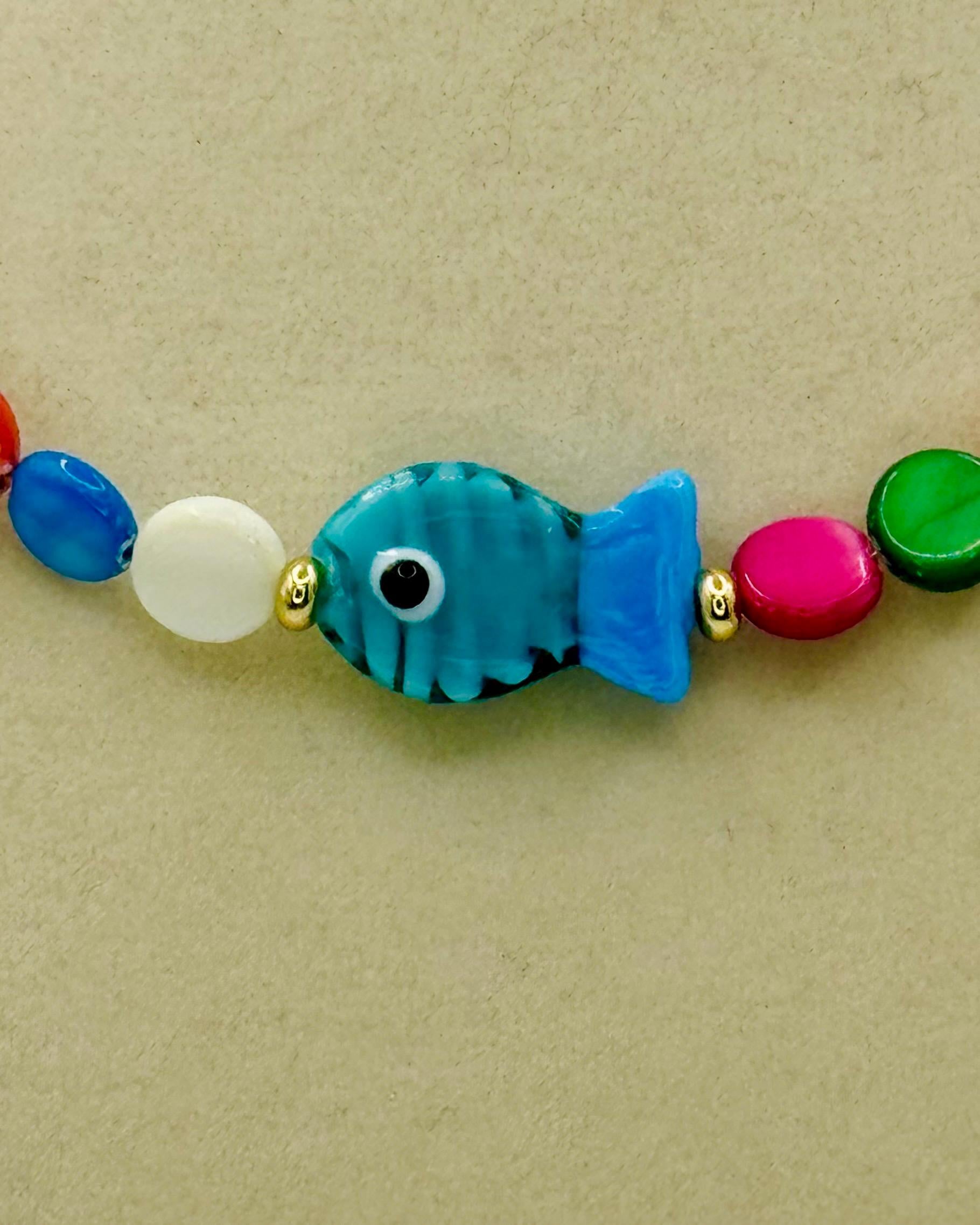 Handmade Colorful Shell Necklace: Cyan Lampwork Fish, 16.5 Inch