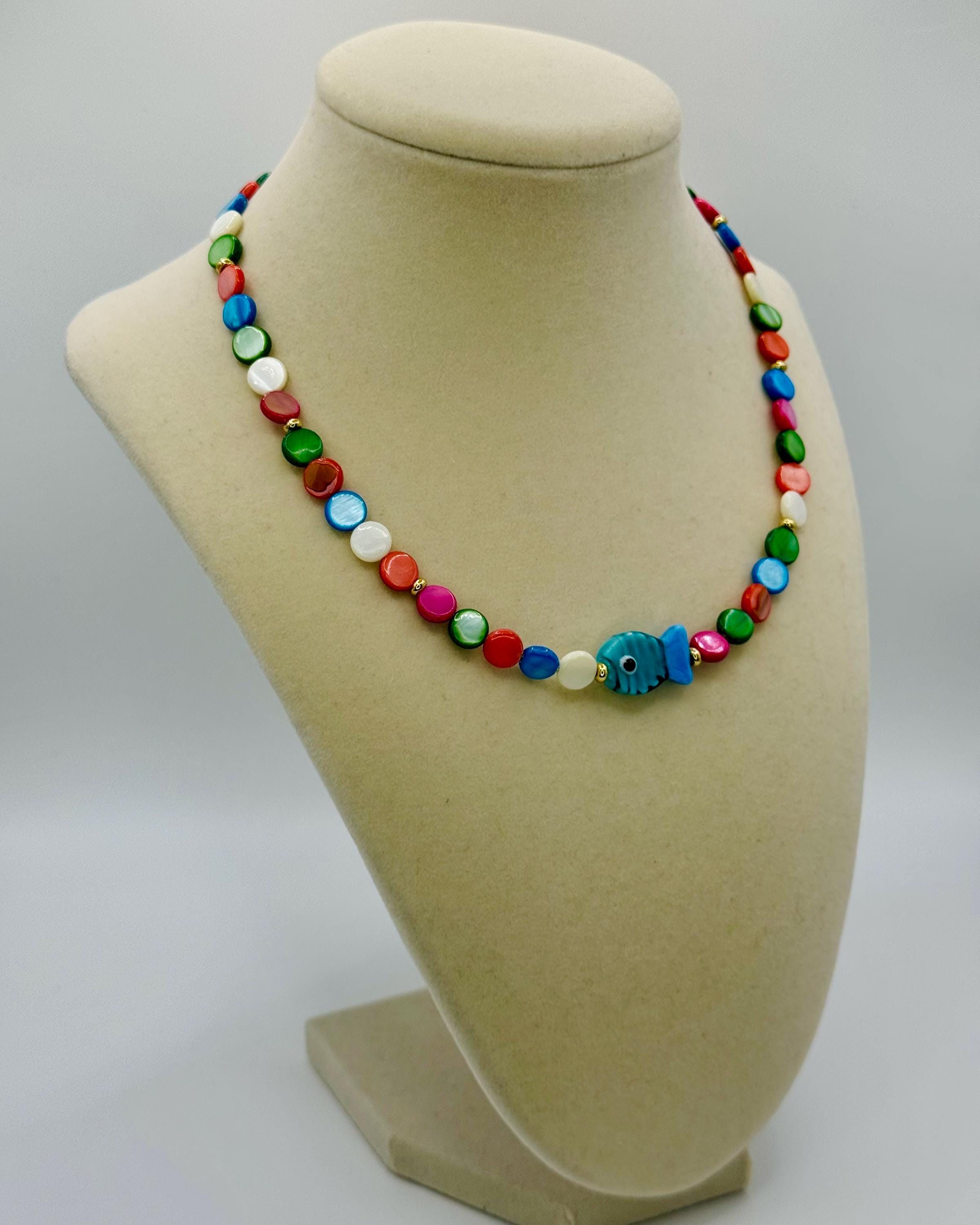 Handmade Colorful Shell Necklace: Cyan Lampwork Fish, 16.5 Inch