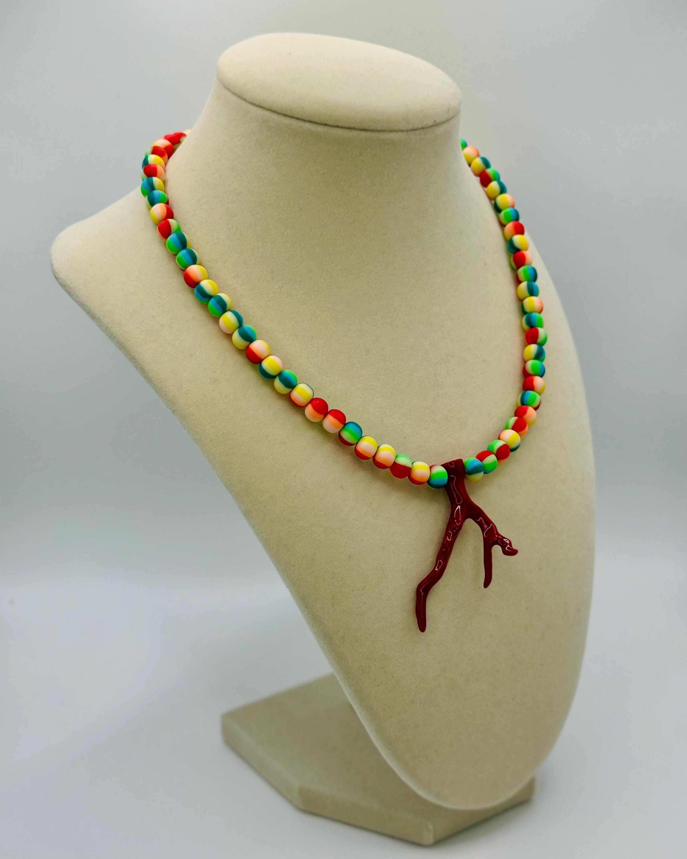 Multicolor rubber 6mm beads necklace with a coral charm - 17.0 inches long
