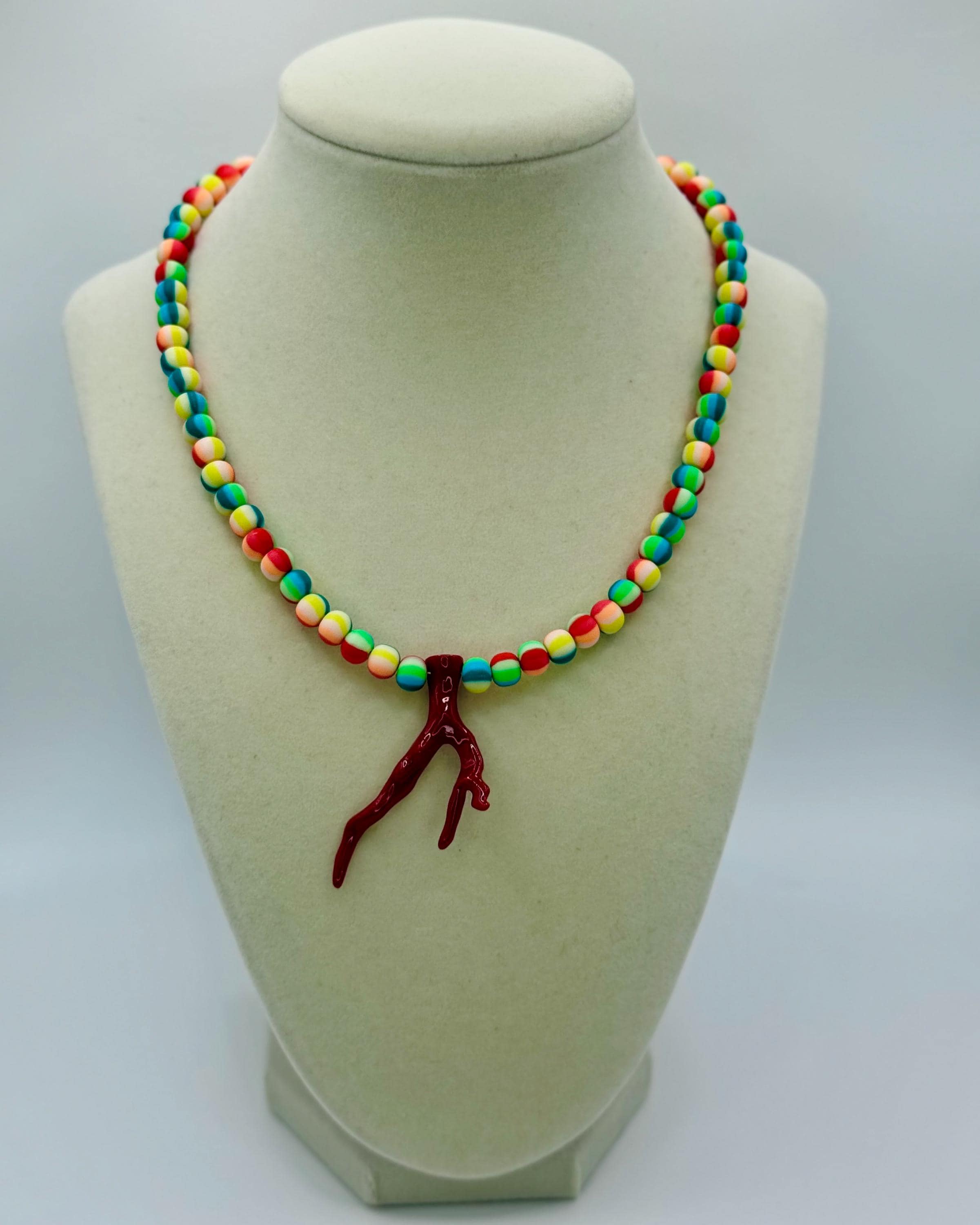 Multicolor rubber 6mm beads necklace with a coral charm - 17.0 inches long