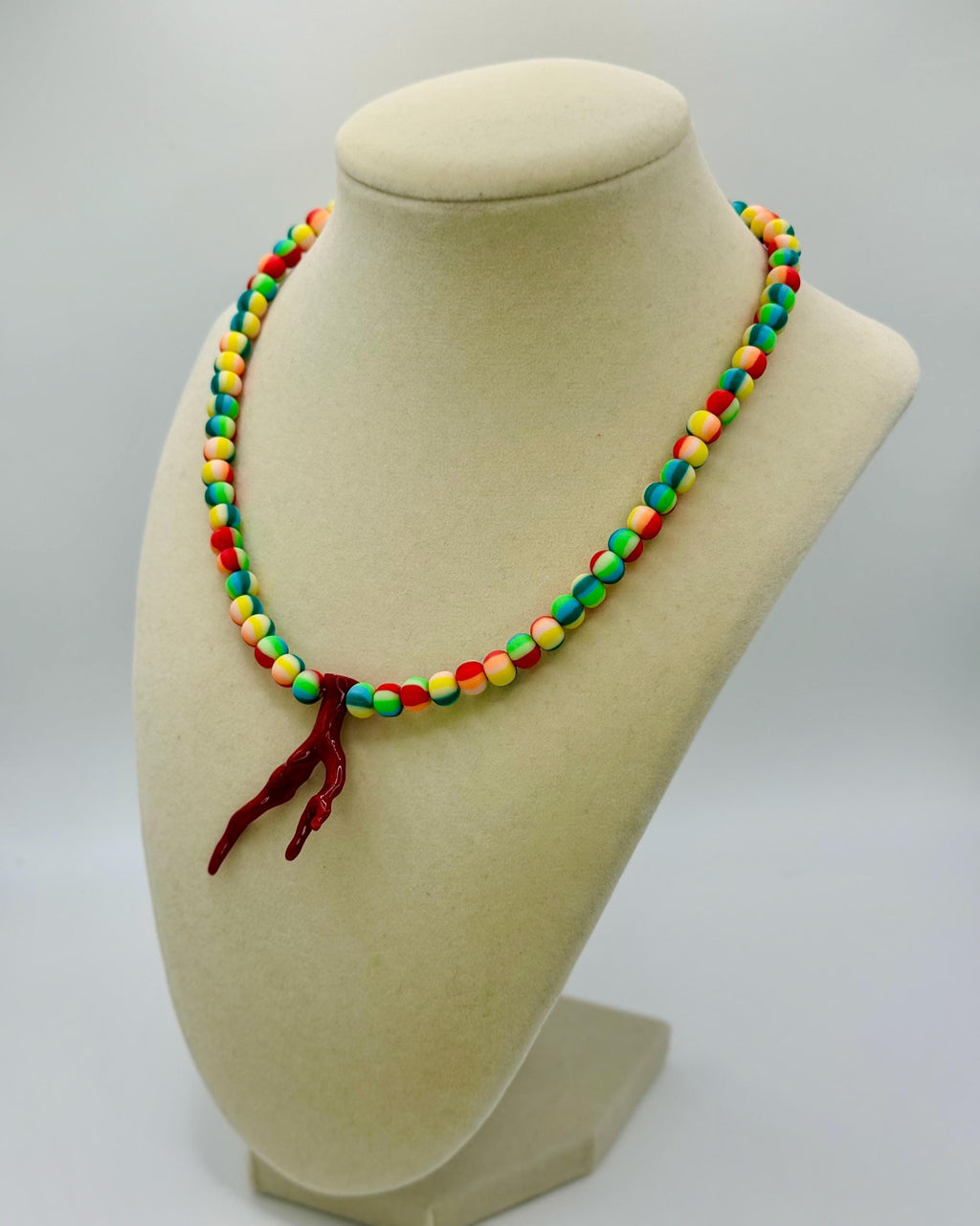 Multicolor rubber 6mm beads necklace with a coral charm - 17.0 inches long