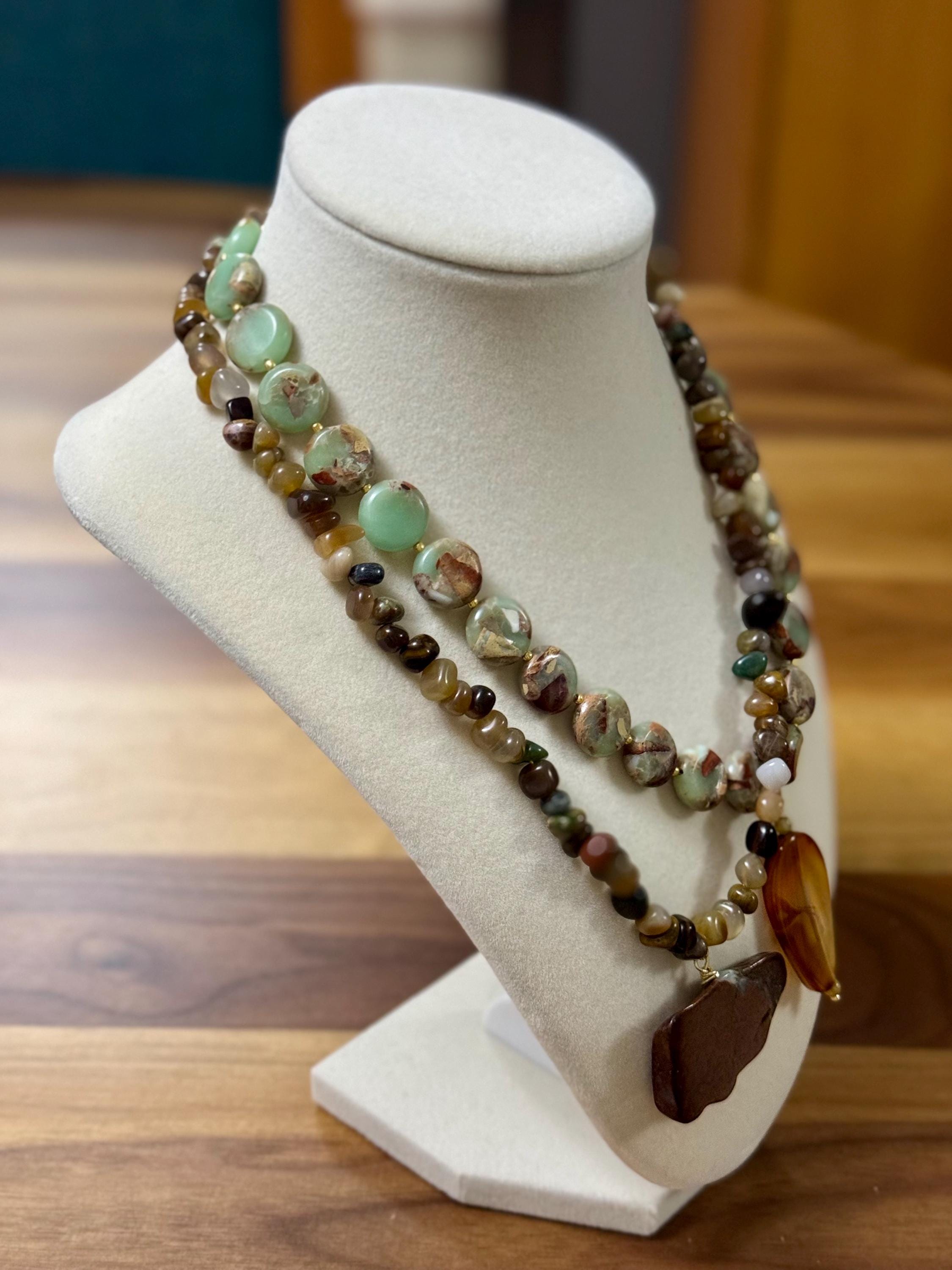 Handmade Jasper Beaded Necklace: Earthy Tones Agate Pendant. See description for details.