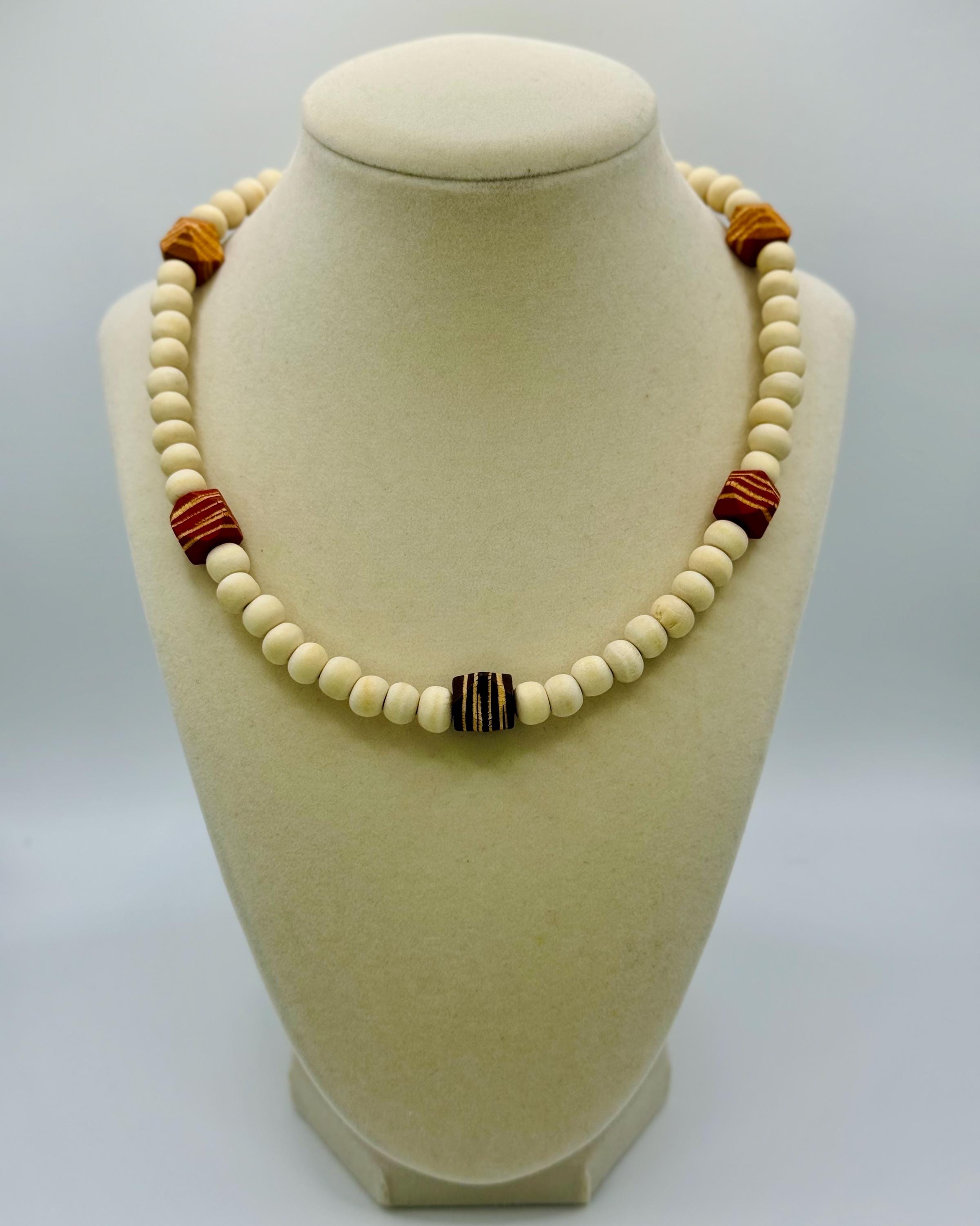 Handmade Beige Wood Bead Necklace: Colorful Accent Beads, Layering Jewelry