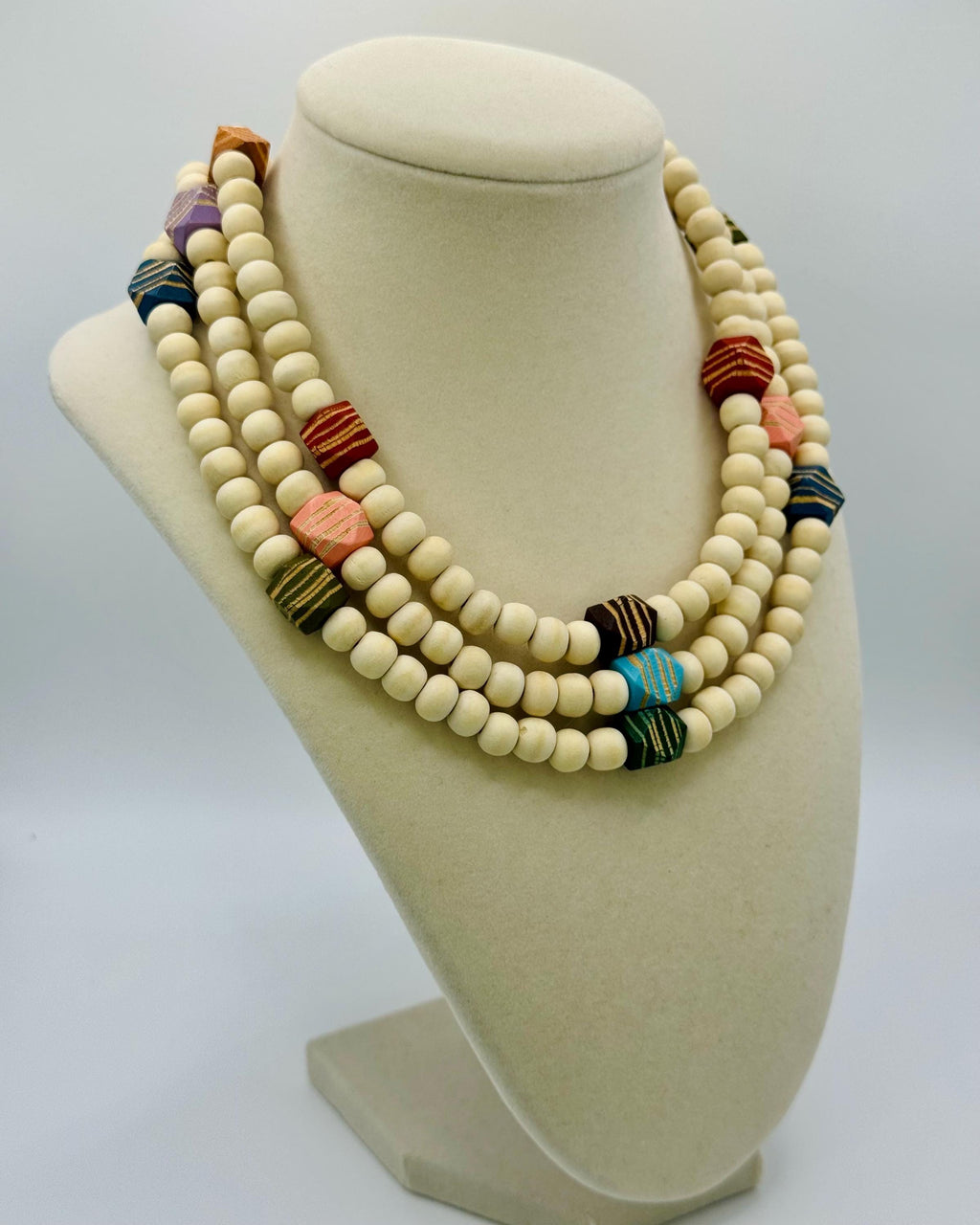 Handmade Beige Wood Bead Necklace: Colorful Accent Beads, Layering Jewelry