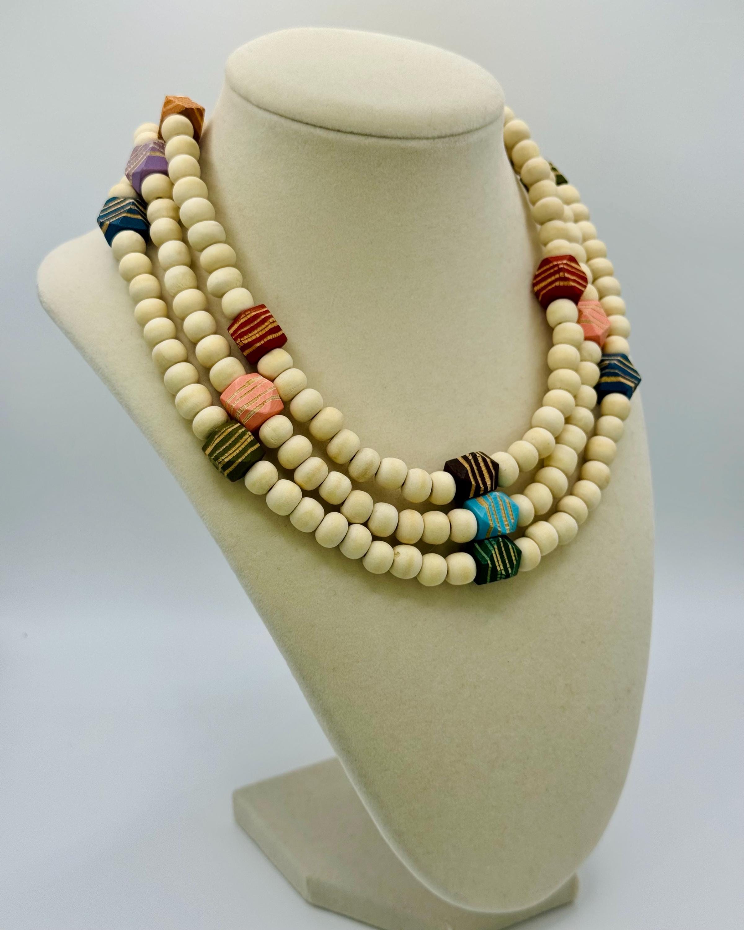 Handmade Beige Wood Bead Necklace: Colorful Accent Beads, Layering Jewelry