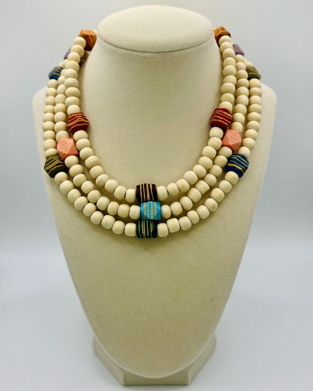 Handmade Beige Wood Bead Necklace: Colorful Accent Beads, Layering Jewelry