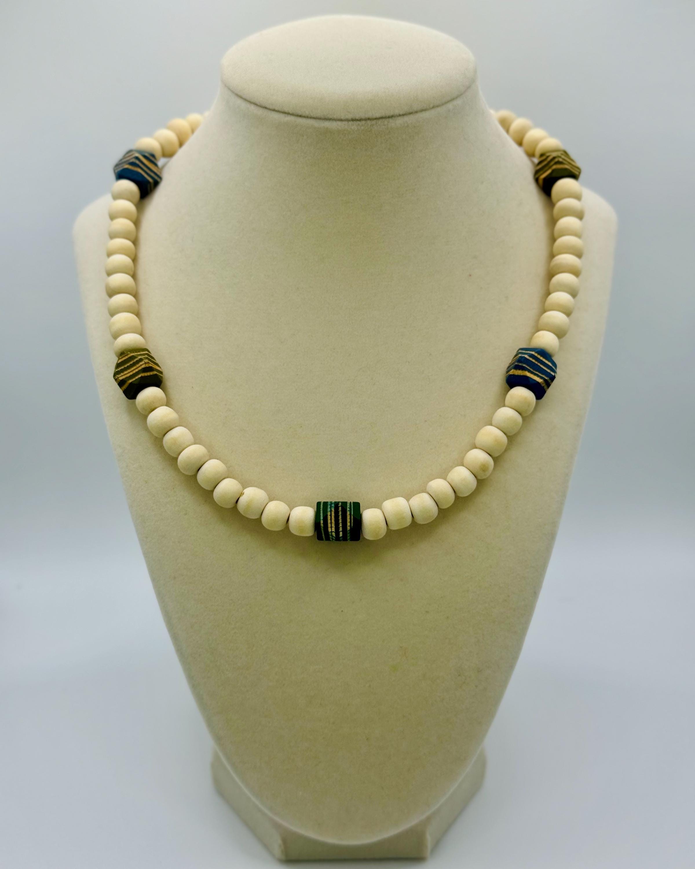 Handmade Beige Wood Bead Necklace: Colorful Accent Beads, Layering Jewelry