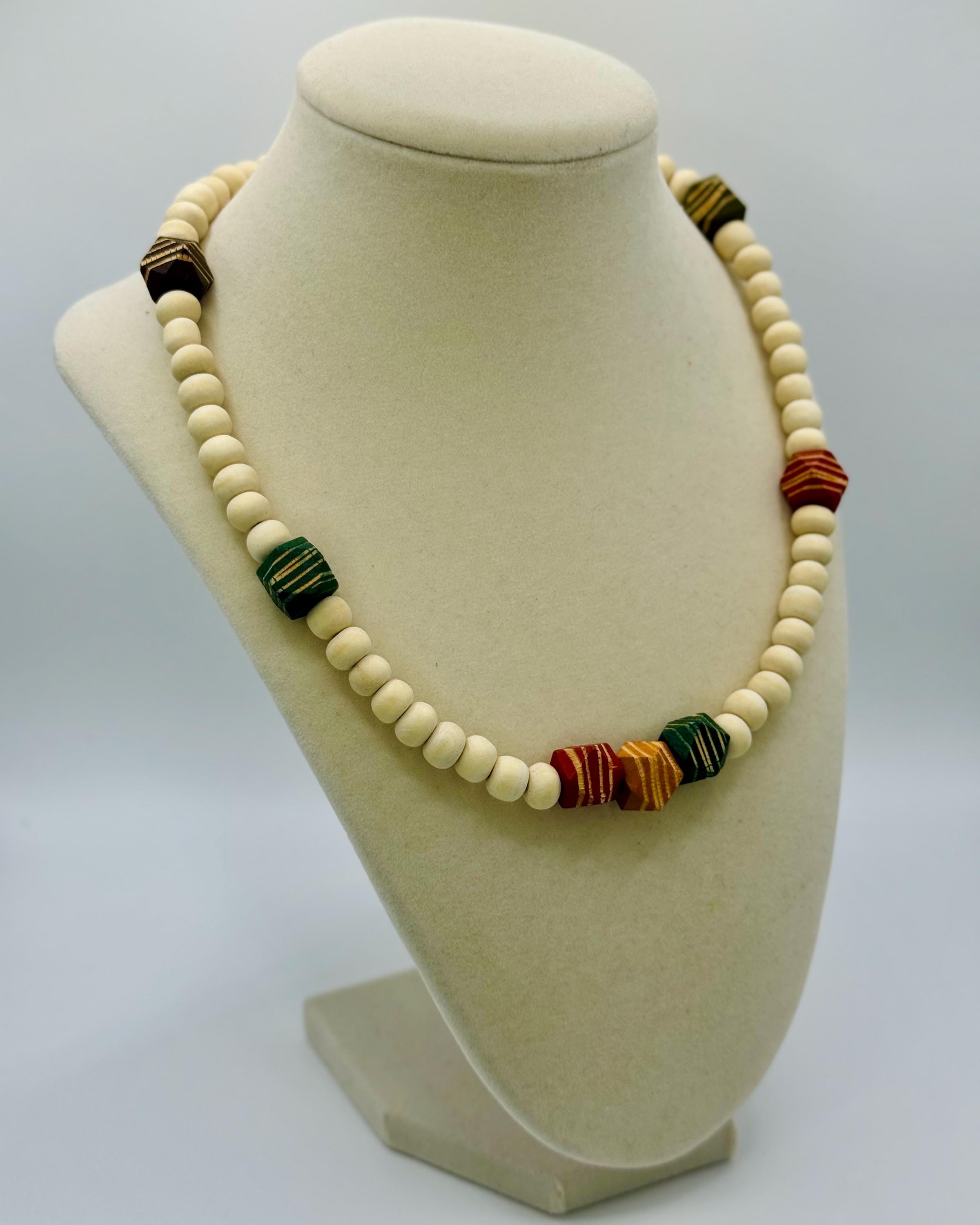 Handmade Beige Wood Bead Necklace: Colorful Accent Beads, Layering Jewelry
