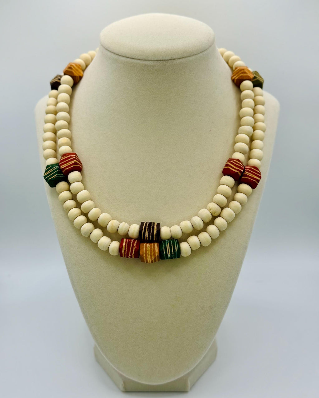 Handmade Beige Wood Bead Necklace: Colorful Accent Beads, Layering Jewelry