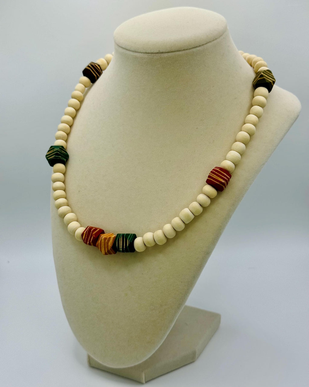 Handmade Beige Wood Bead Necklace: Colorful Accent Beads, Layering Jewelry