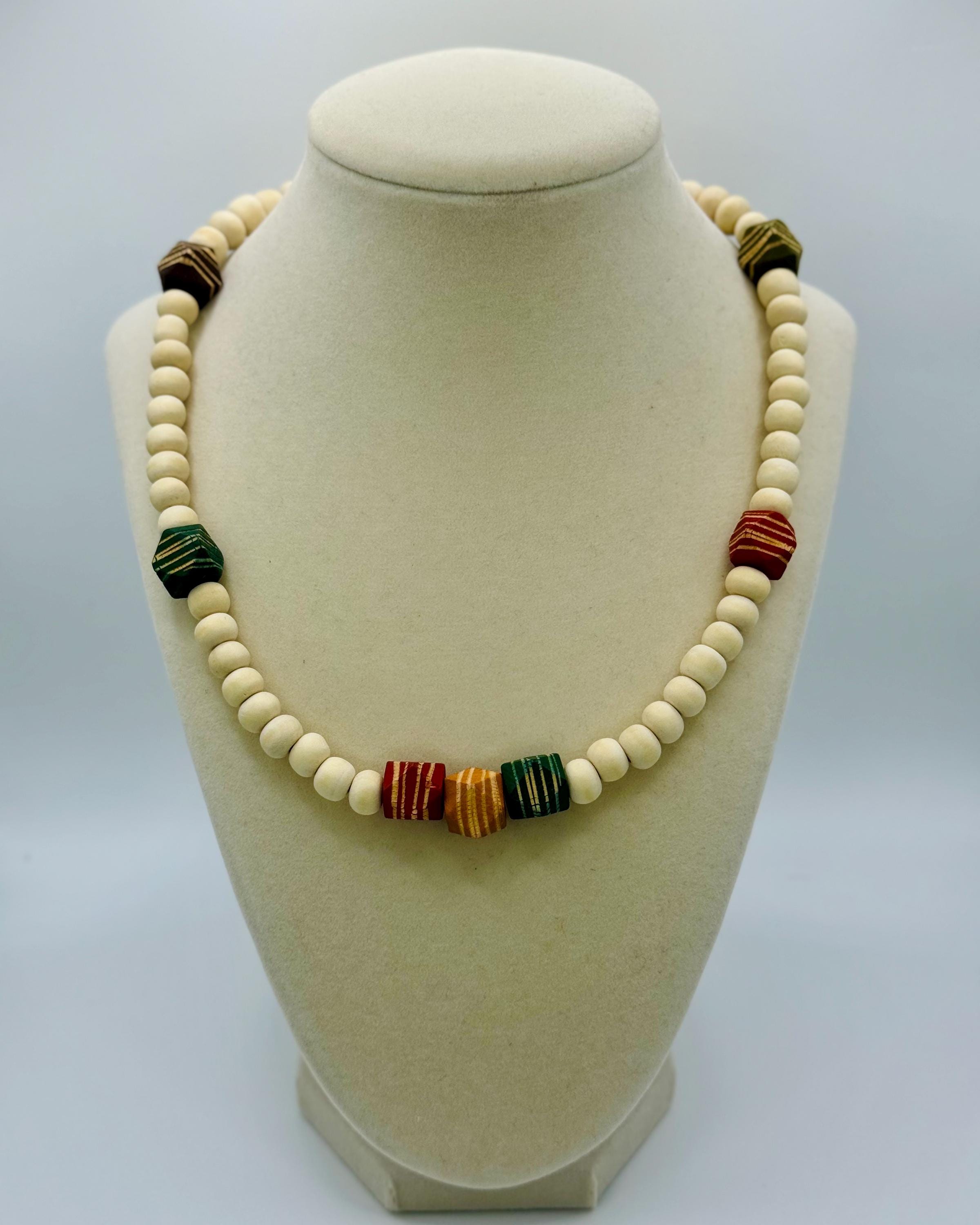 Handmade Beige Wood Bead Necklace: Colorful Accent Beads, Layering Jewelry