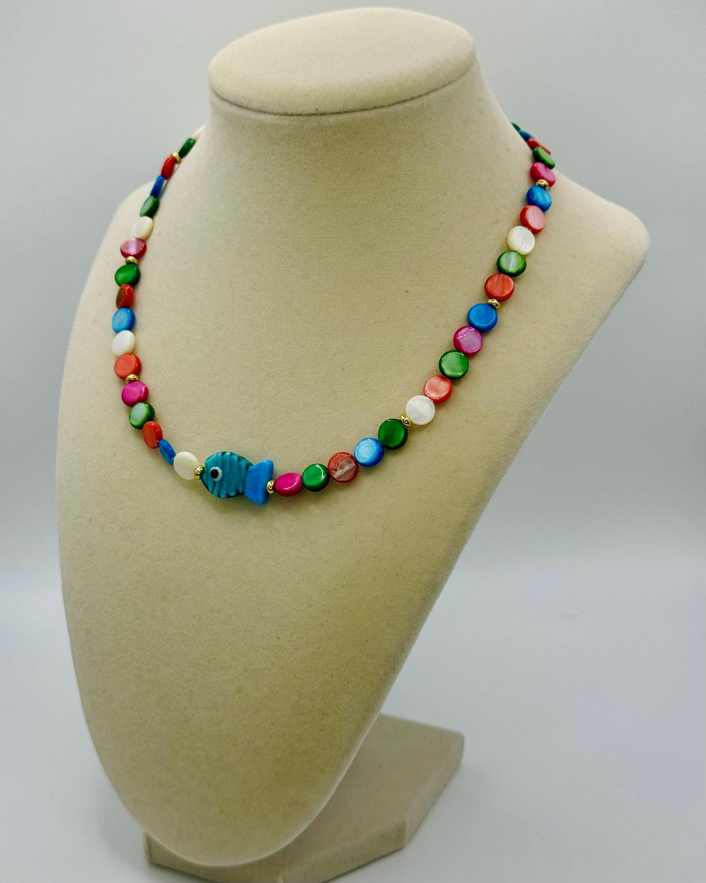 Handmade Colorful Shell Necklace: Cyan Lampwork Fish, 16.5 Inch