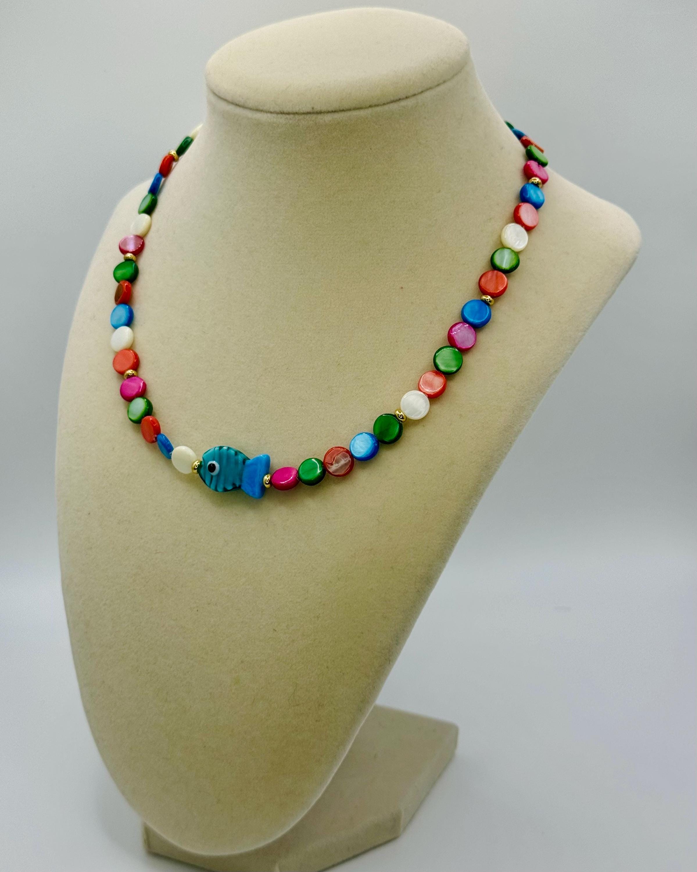 Handmade Colorful Shell Necklace: Cyan Lampwork Fish, 16.5 Inch