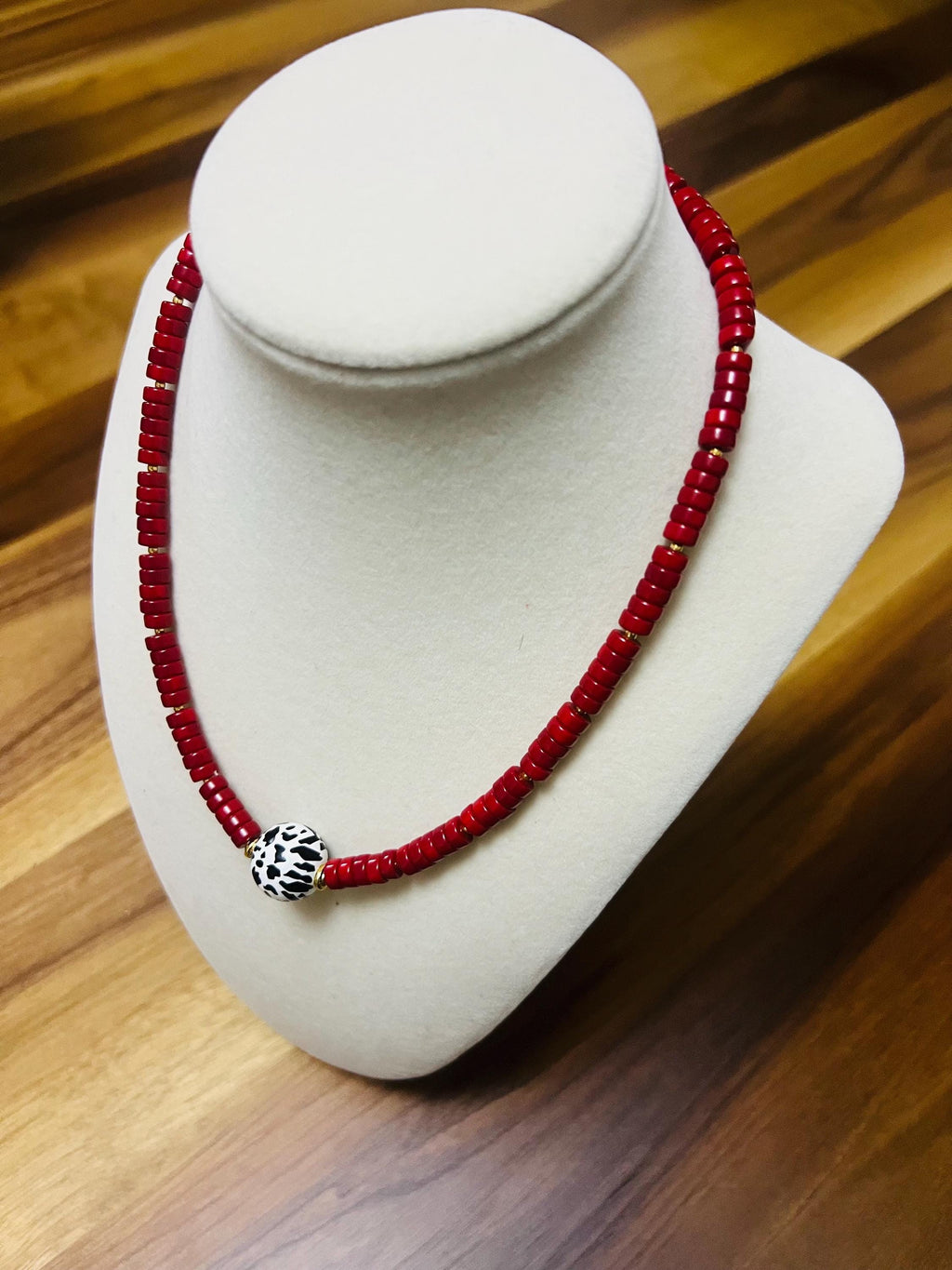 Handmade Red Beaded Necklace | Cow Print Centerpiece, Fun Jewelry