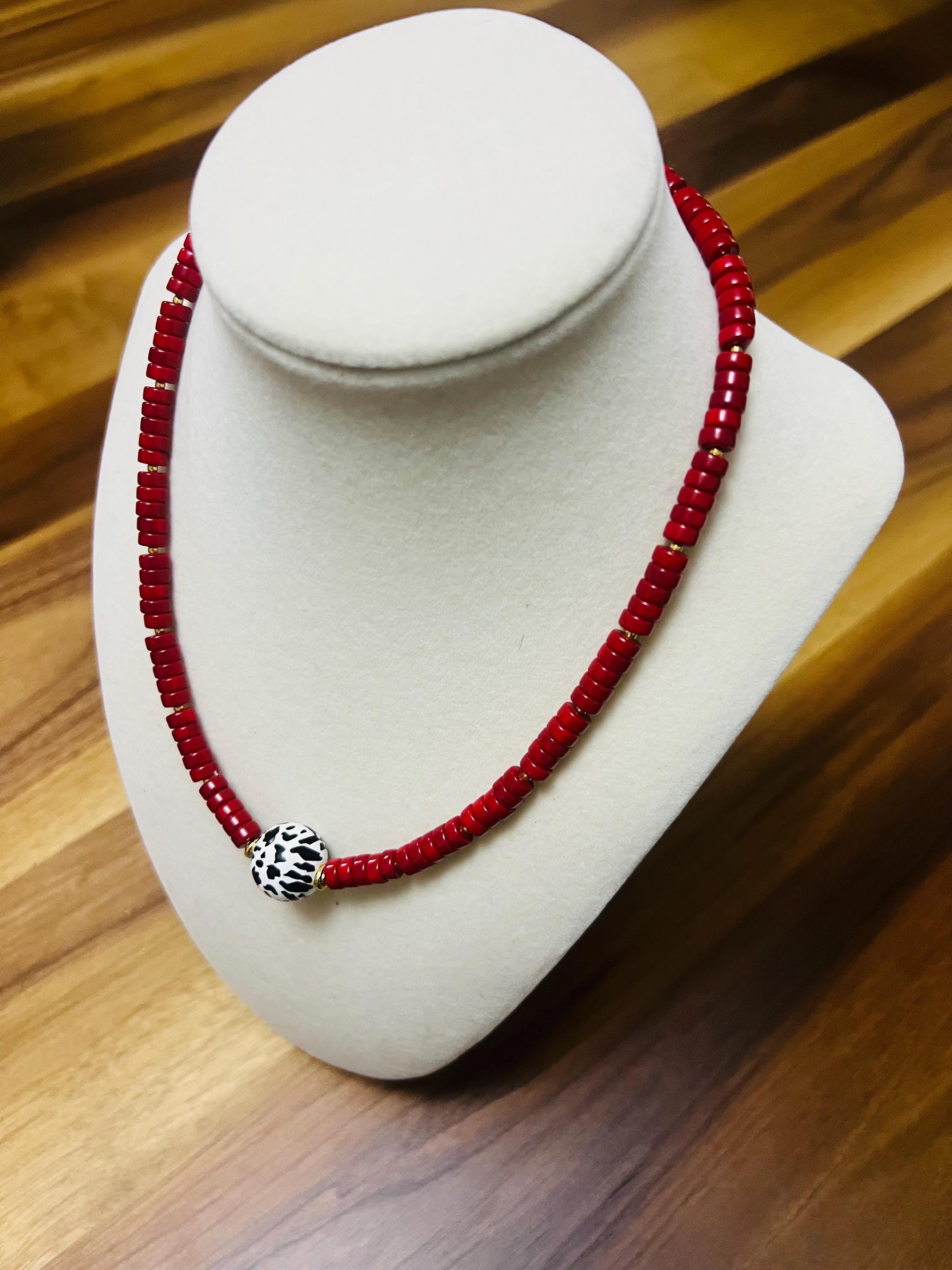 Handmade Red Beaded Necklace | Cow Print Centerpiece, Fun Jewelry