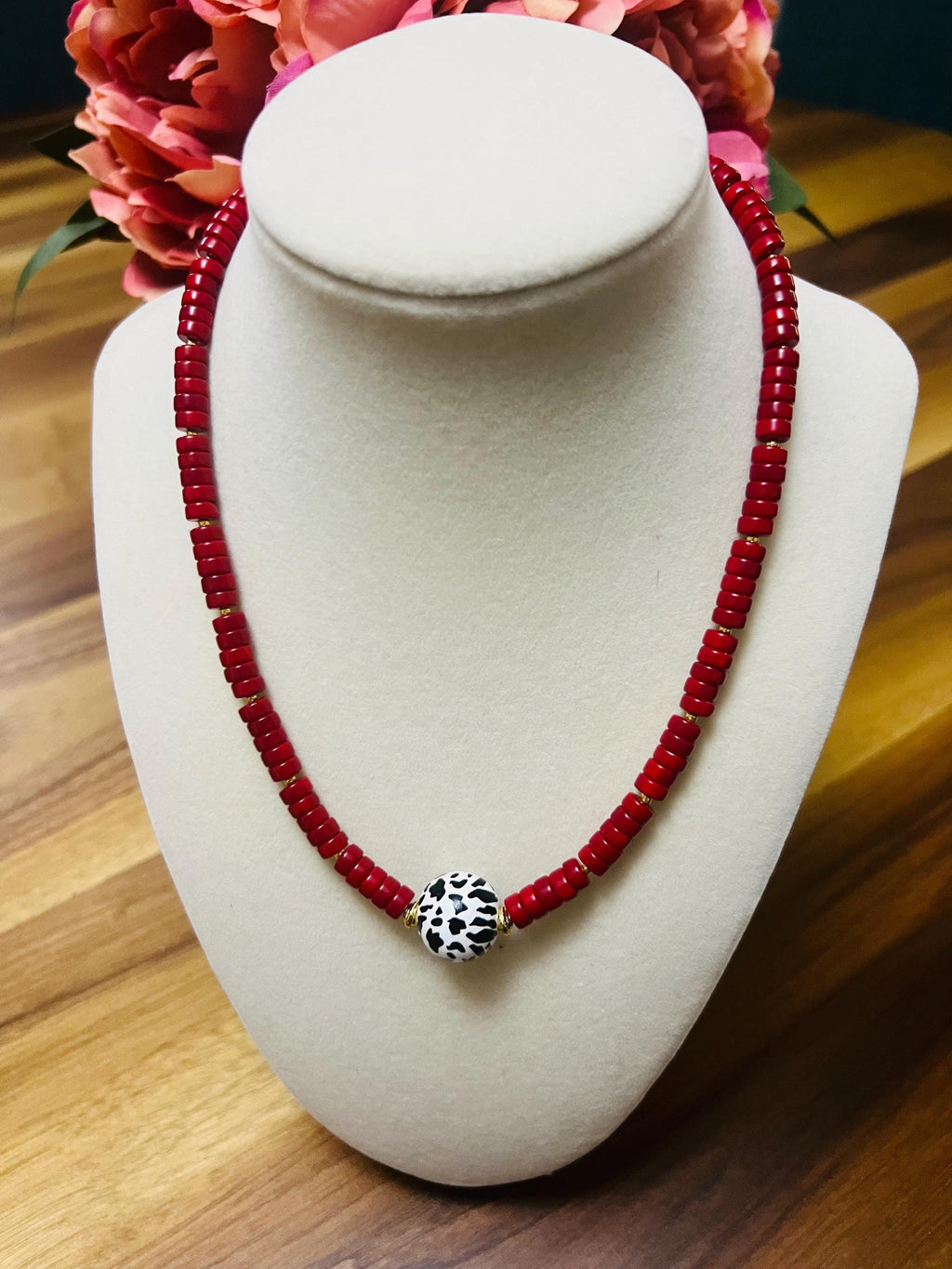 Handmade Red Beaded Necklace | Cow Print Centerpiece, Fun Jewelry