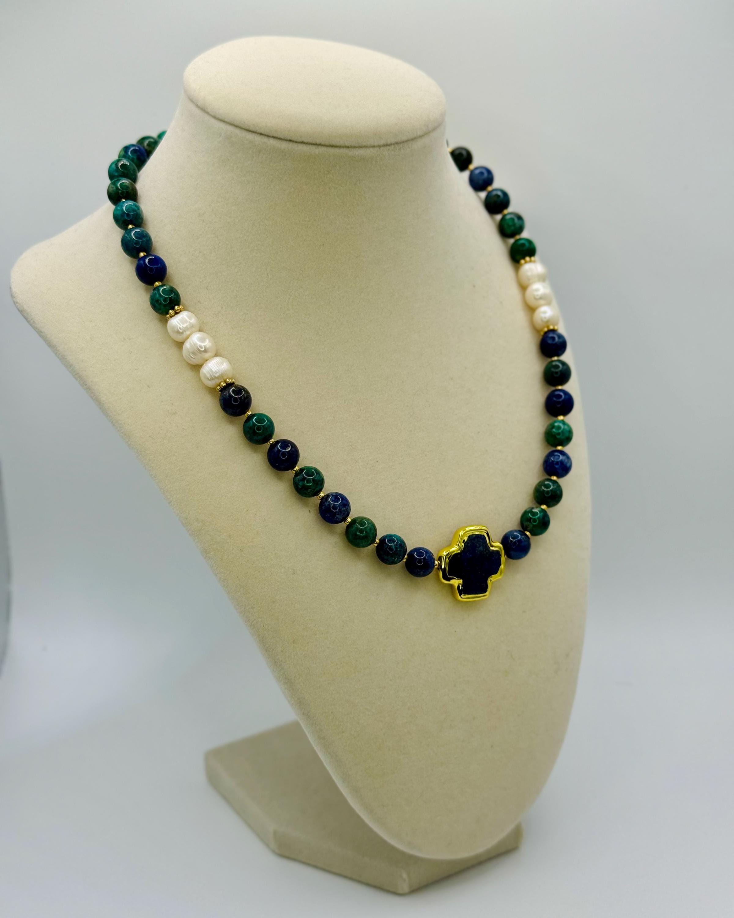 Handmade Lapis Lazuli Beaded Necklace with Freshwater Pearls & Charm