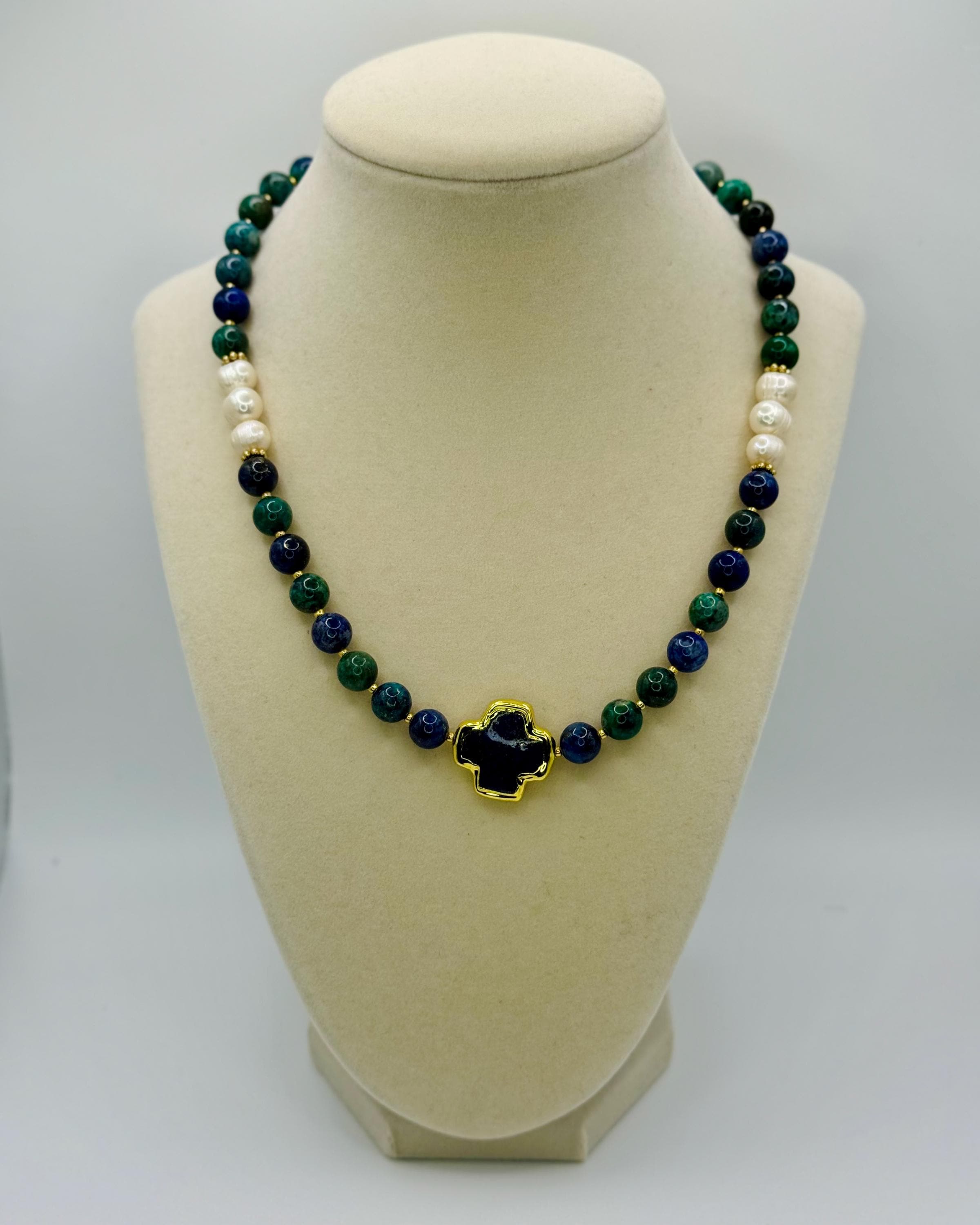 Handmade Lapis Lazuli Beaded Necklace with Freshwater Pearls & Charm