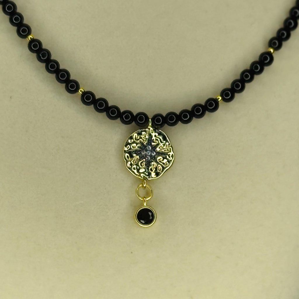 Black Agate Bead Necklace with Gold-Plated Star Link and Zirconia - 16.5” long