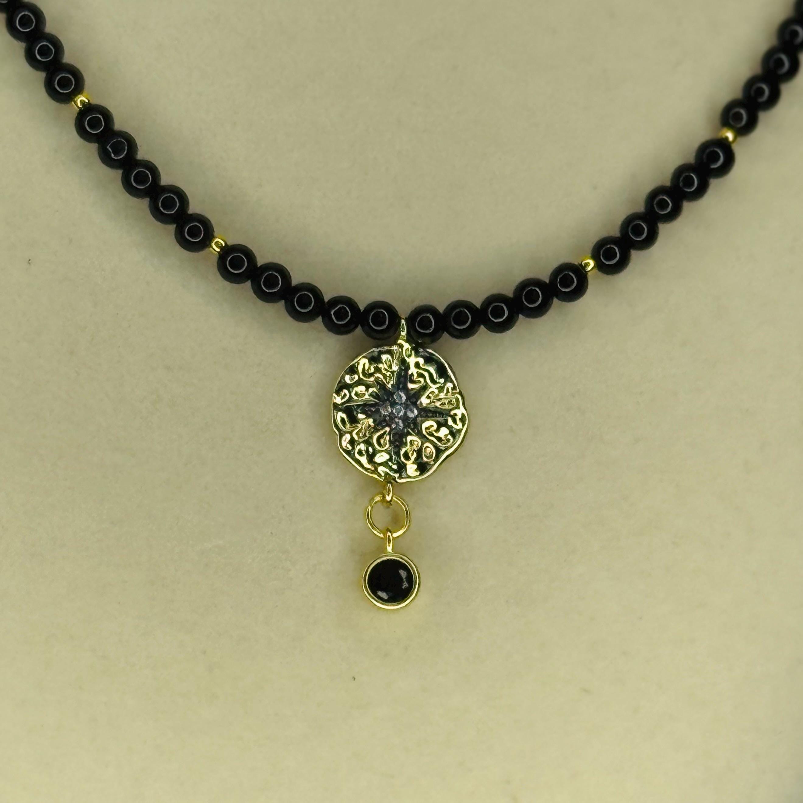 Black Agate Bead Necklace with Gold-Plated Star Link and Zirconia - 16.5” long