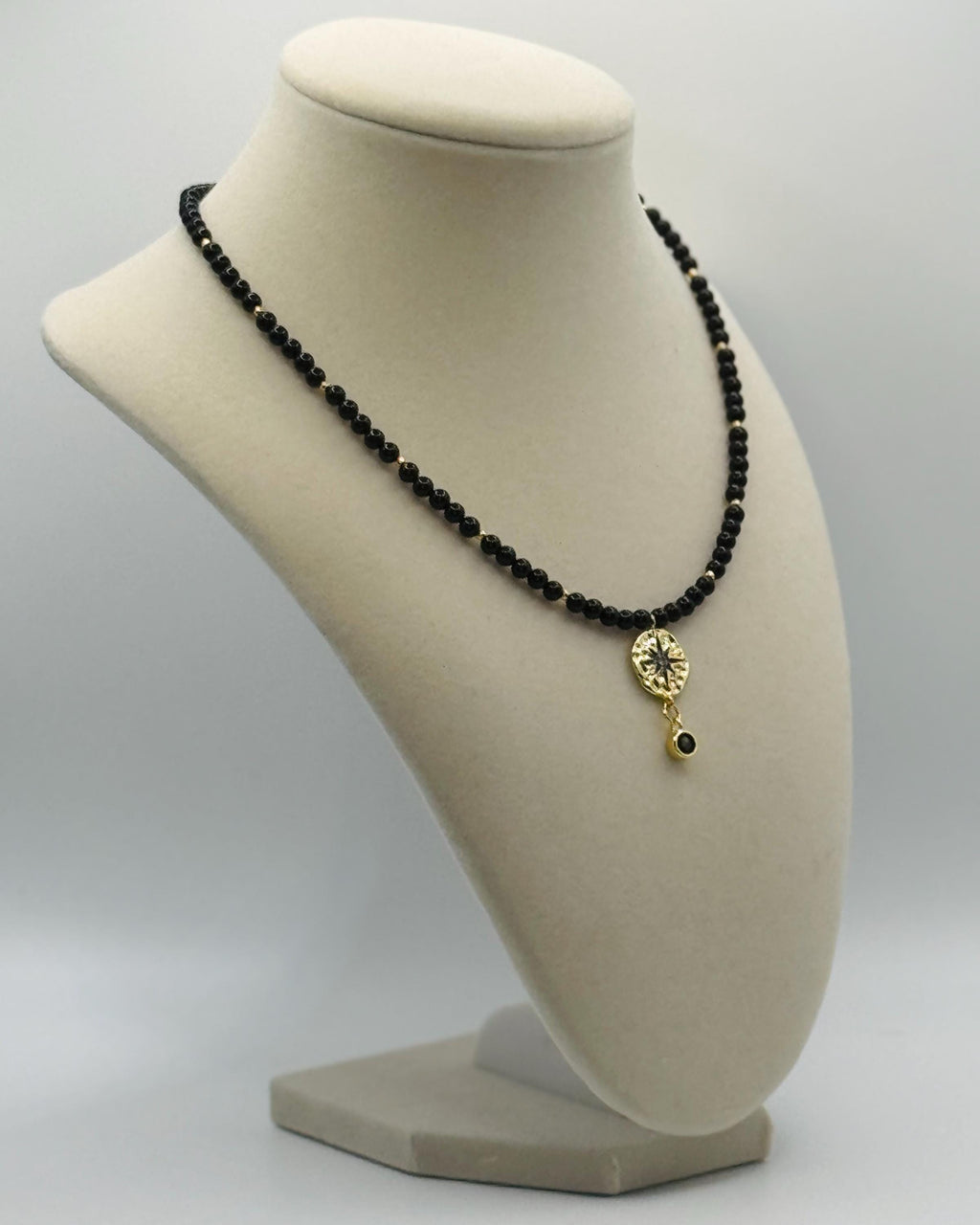 Black Agate Bead Necklace with Gold-Plated Star Link and Zirconia - 16.5” long