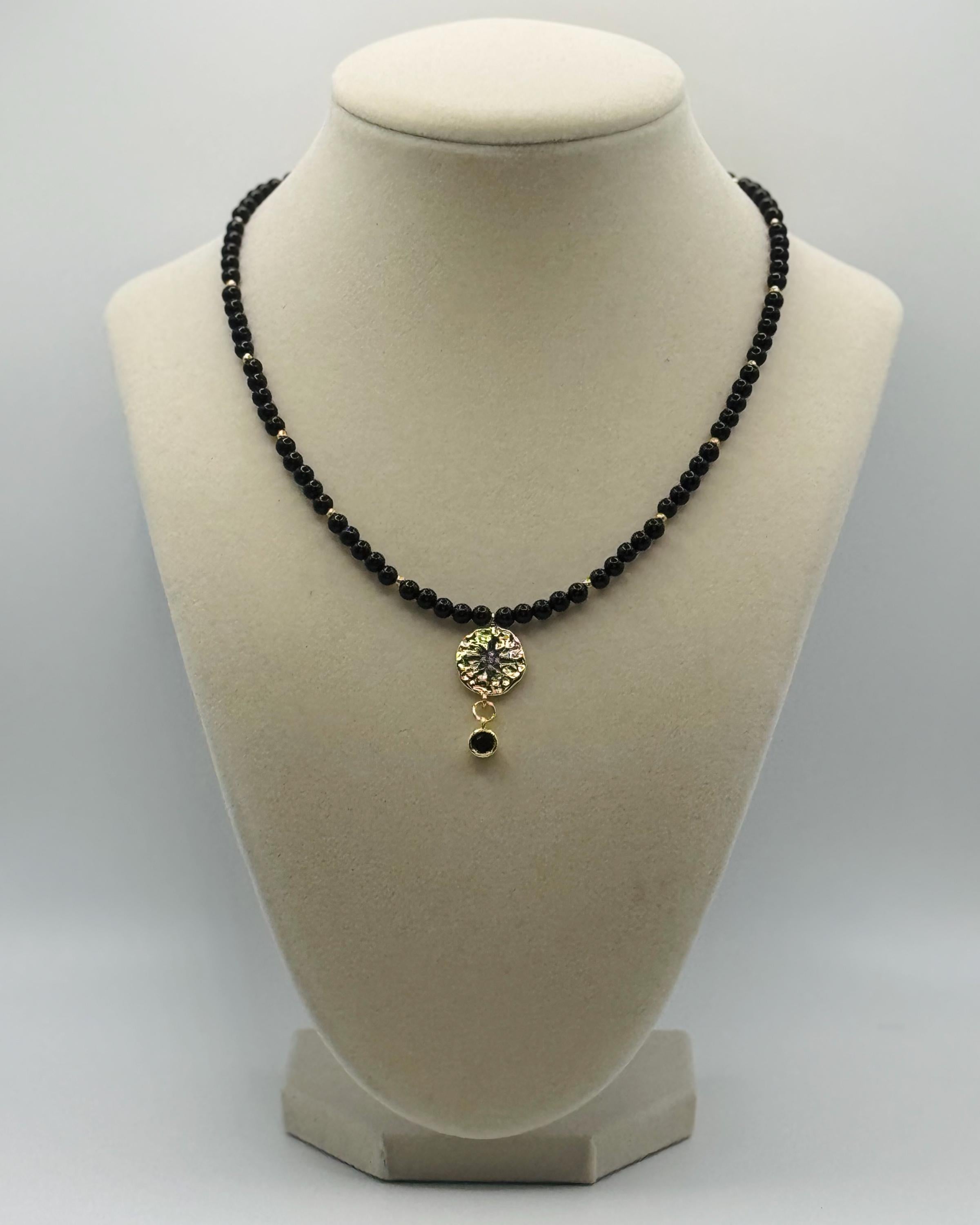 Black Agate Bead Necklace with Gold-Plated Star Link and Zirconia - 16.5” long