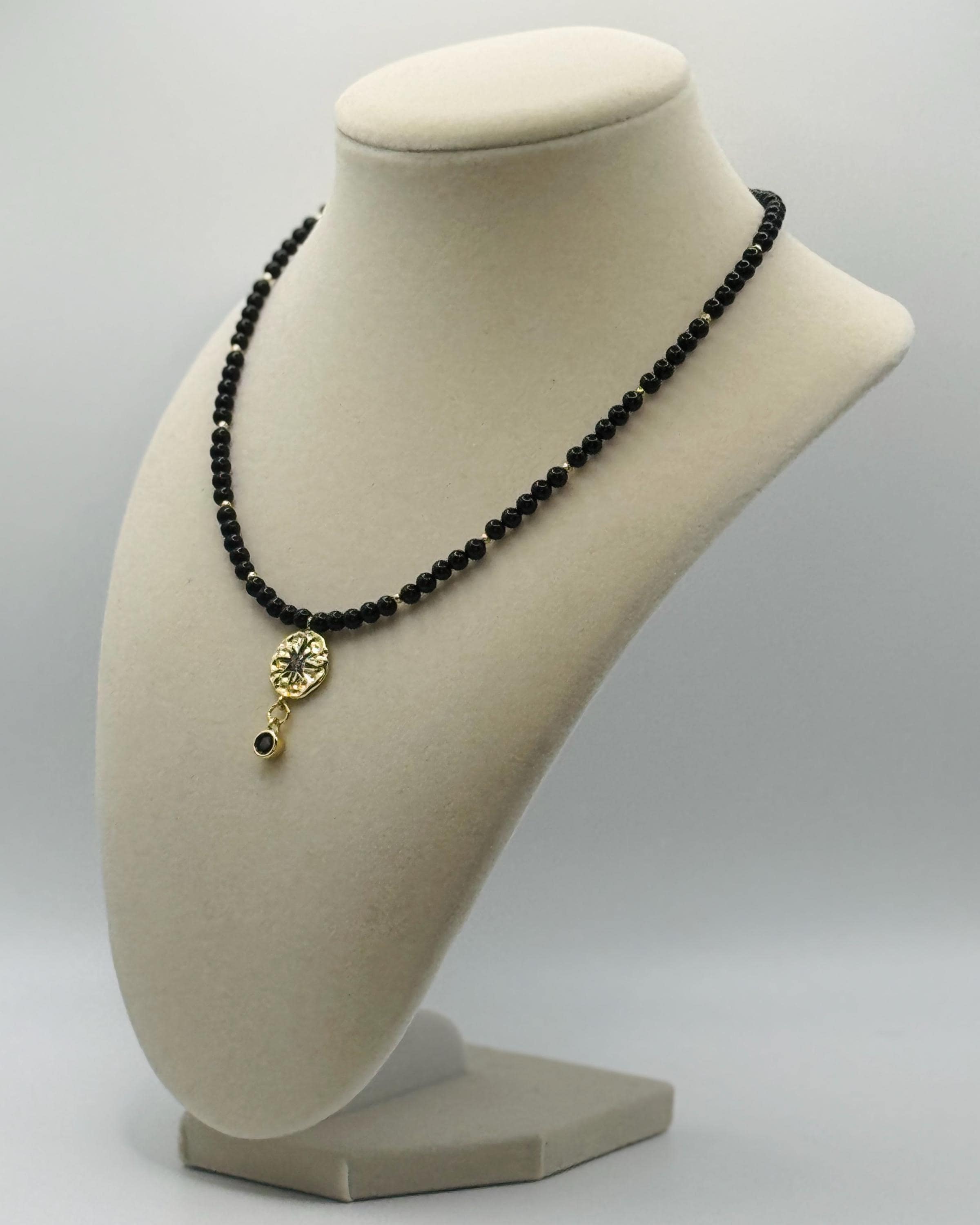 Black Agate Bead Necklace with Gold-Plated Star Link and Zirconia - 16.5” long