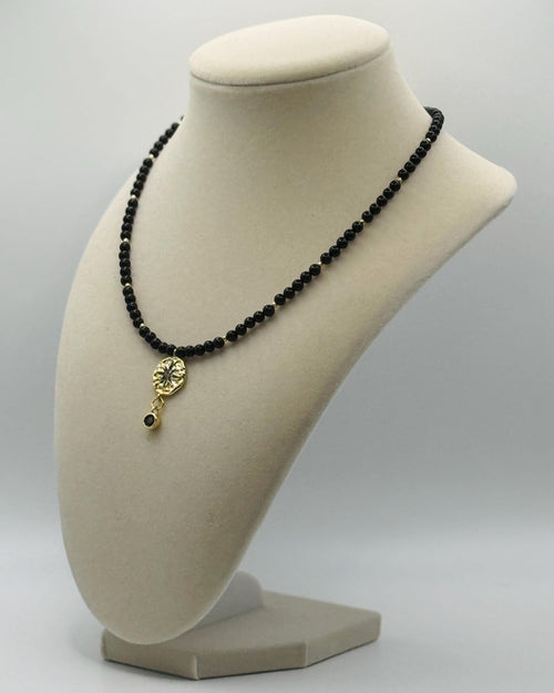 Black Agate Bead Necklace with Gold-Plated Star Link and Zirconia - 16.5” long