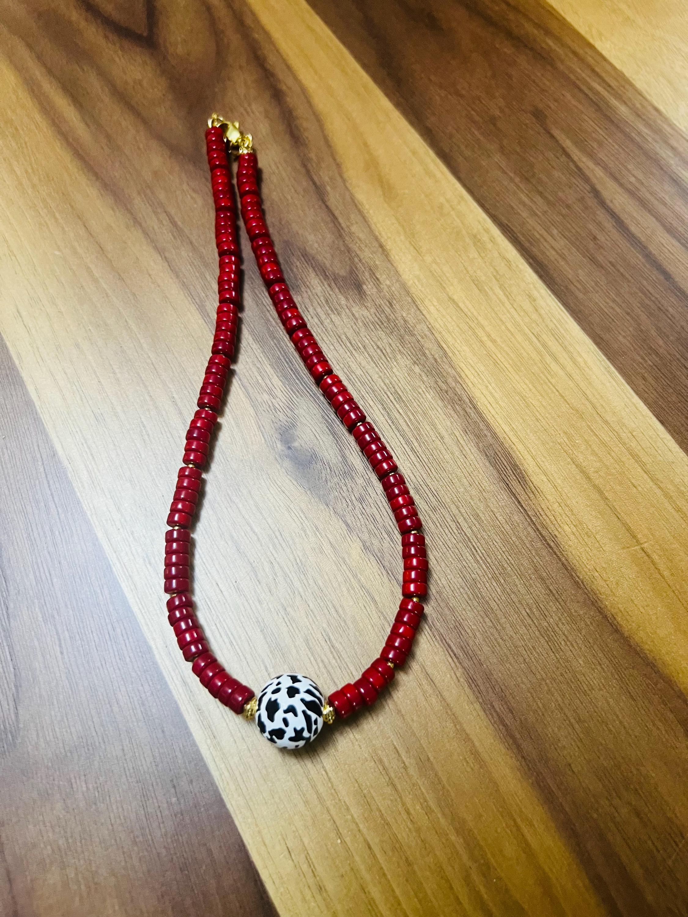 Handmade Red Beaded Necklace | Cow Print Centerpiece, Fun Jewelry