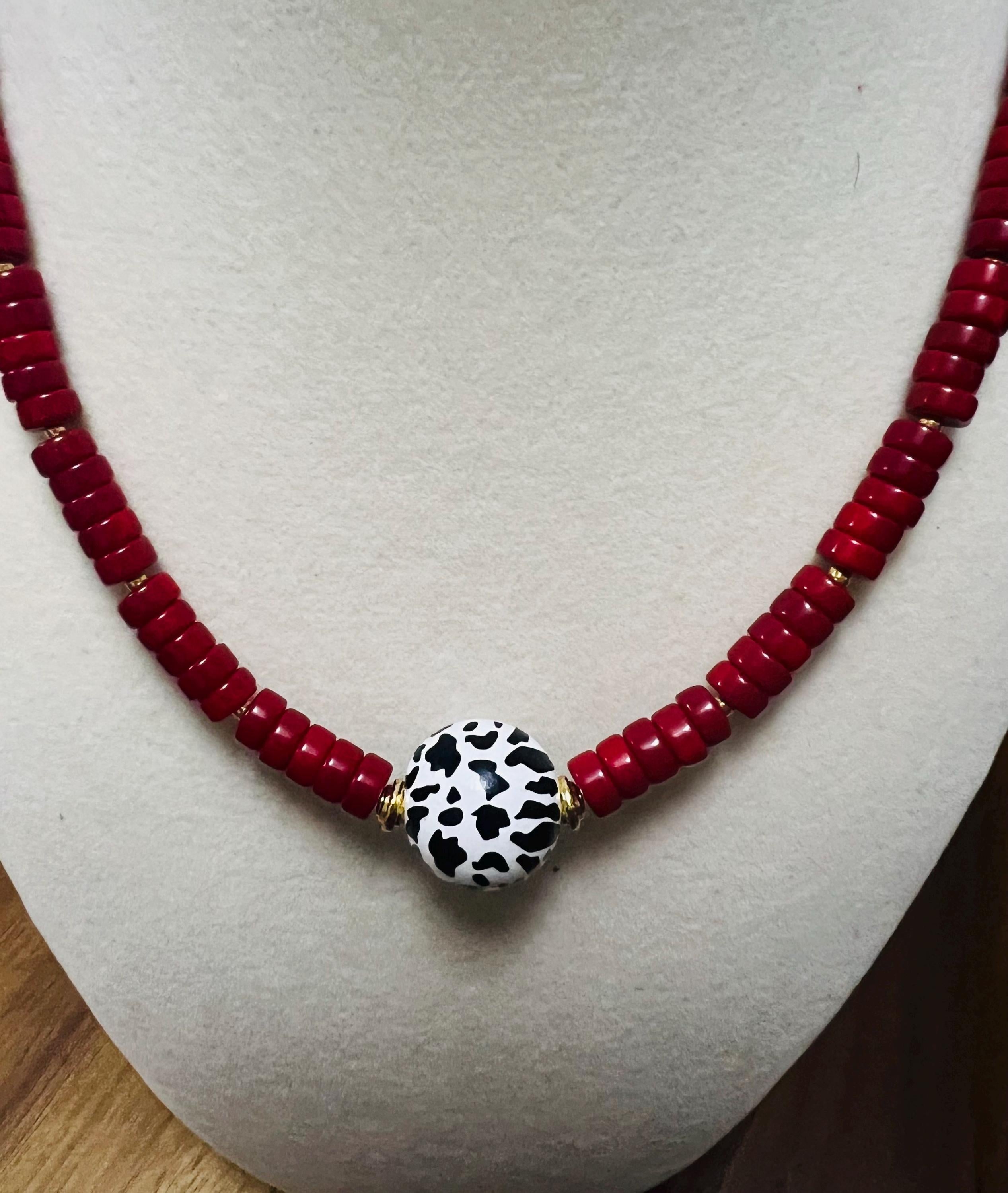 Handmade Red Beaded Necklace | Cow Print Centerpiece, Fun Jewelry