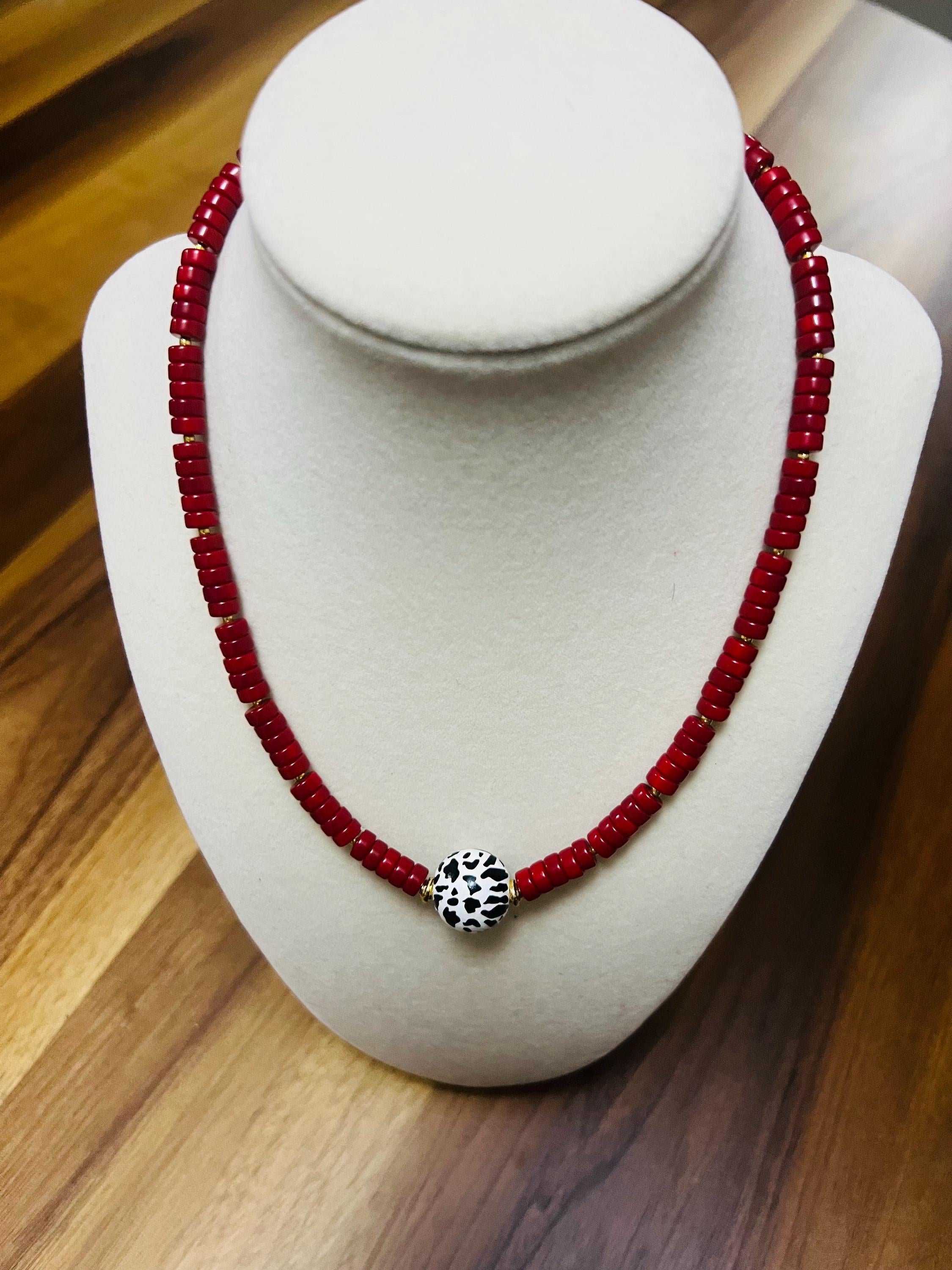 Handmade Red Beaded Necklace | Cow Print Centerpiece, Fun Jewelry