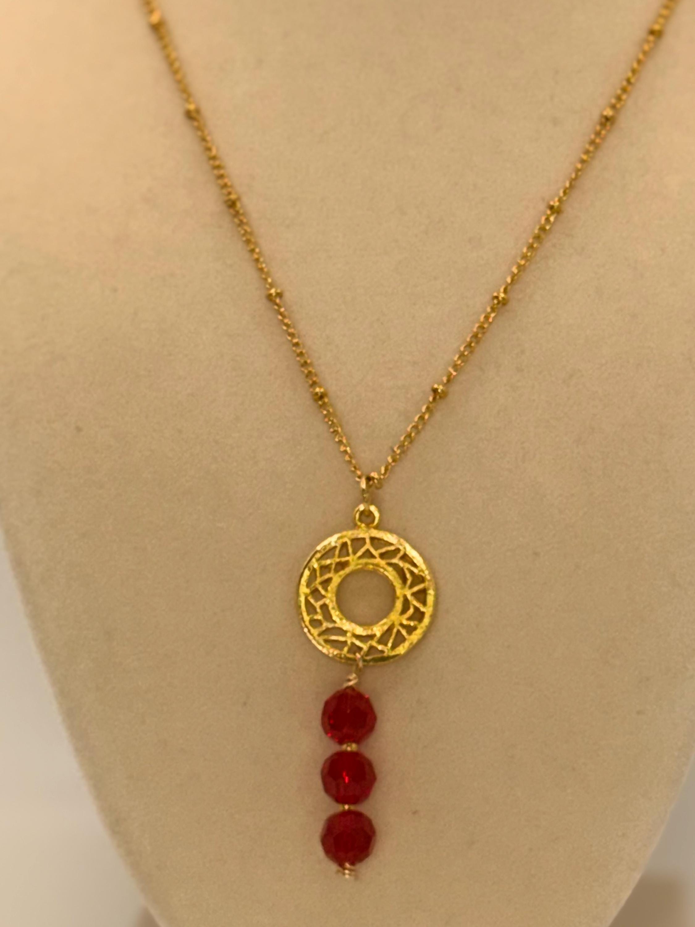Chic Red Crystals Chain Necklace with matte gold charm - 17 inches long