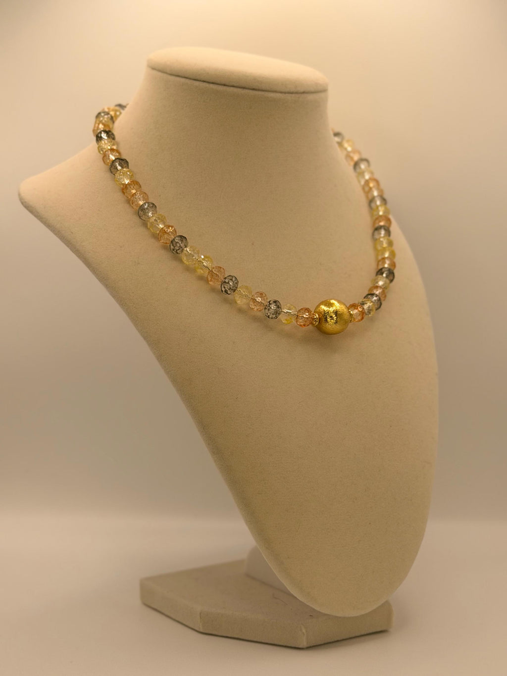 Handmade Crystal Bead Necklace, Gold Centerpiece, Sunset Colors